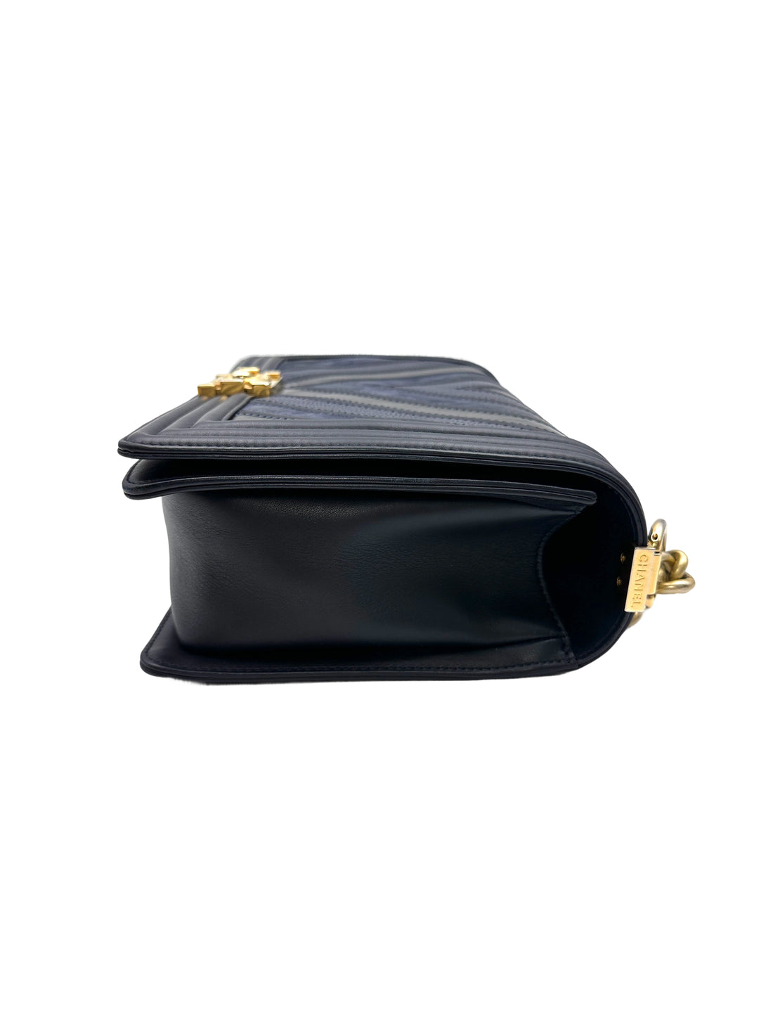 Chanel LeBoy Navy Chevron Quilted Calfskin Flap Bag With Gold Buckle(22***23) CC2114