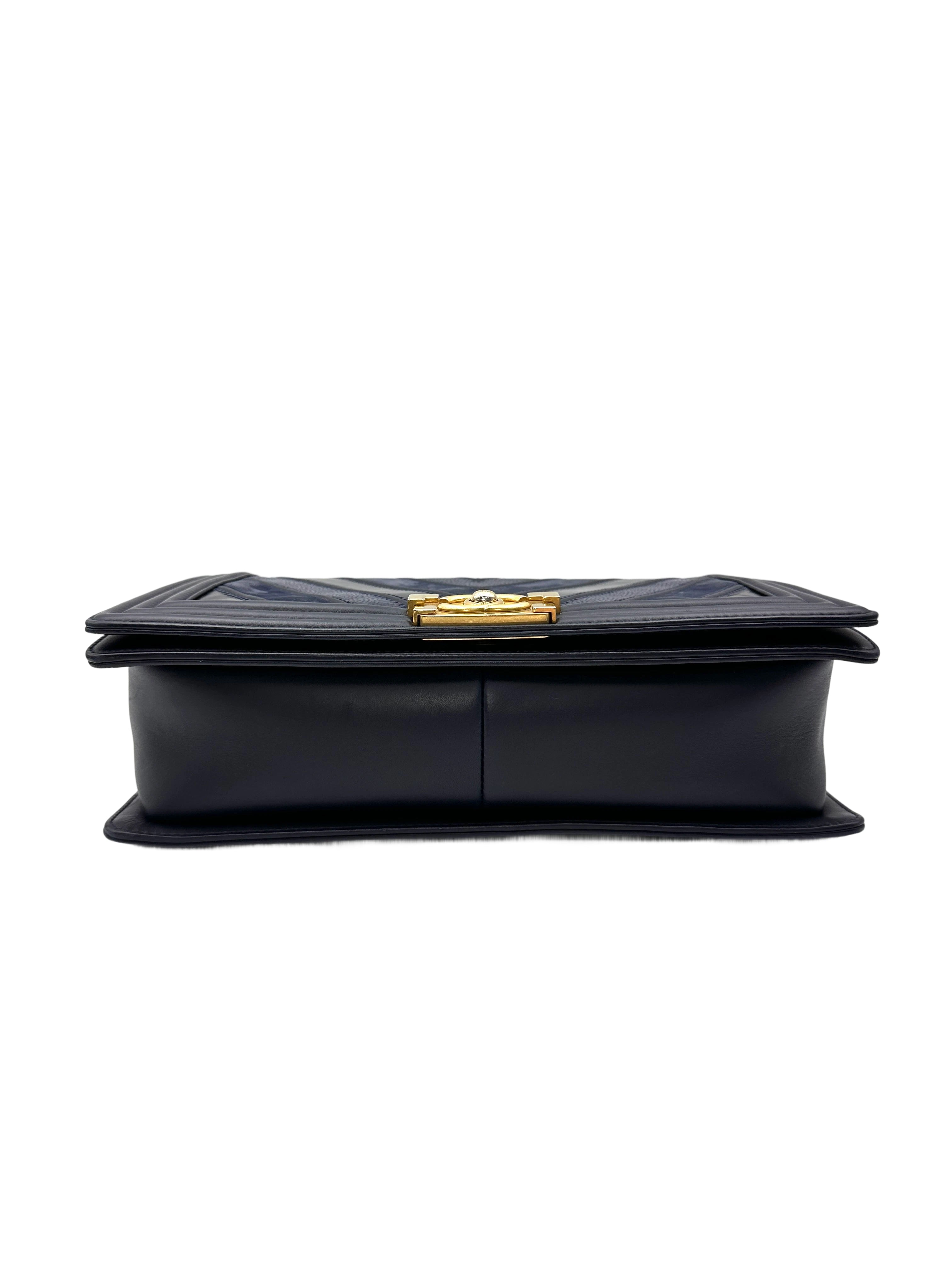 Chanel LeBoy Navy Chevron Quilted Calfskin Flap Bag With Gold Buckle(22***23) CC2114