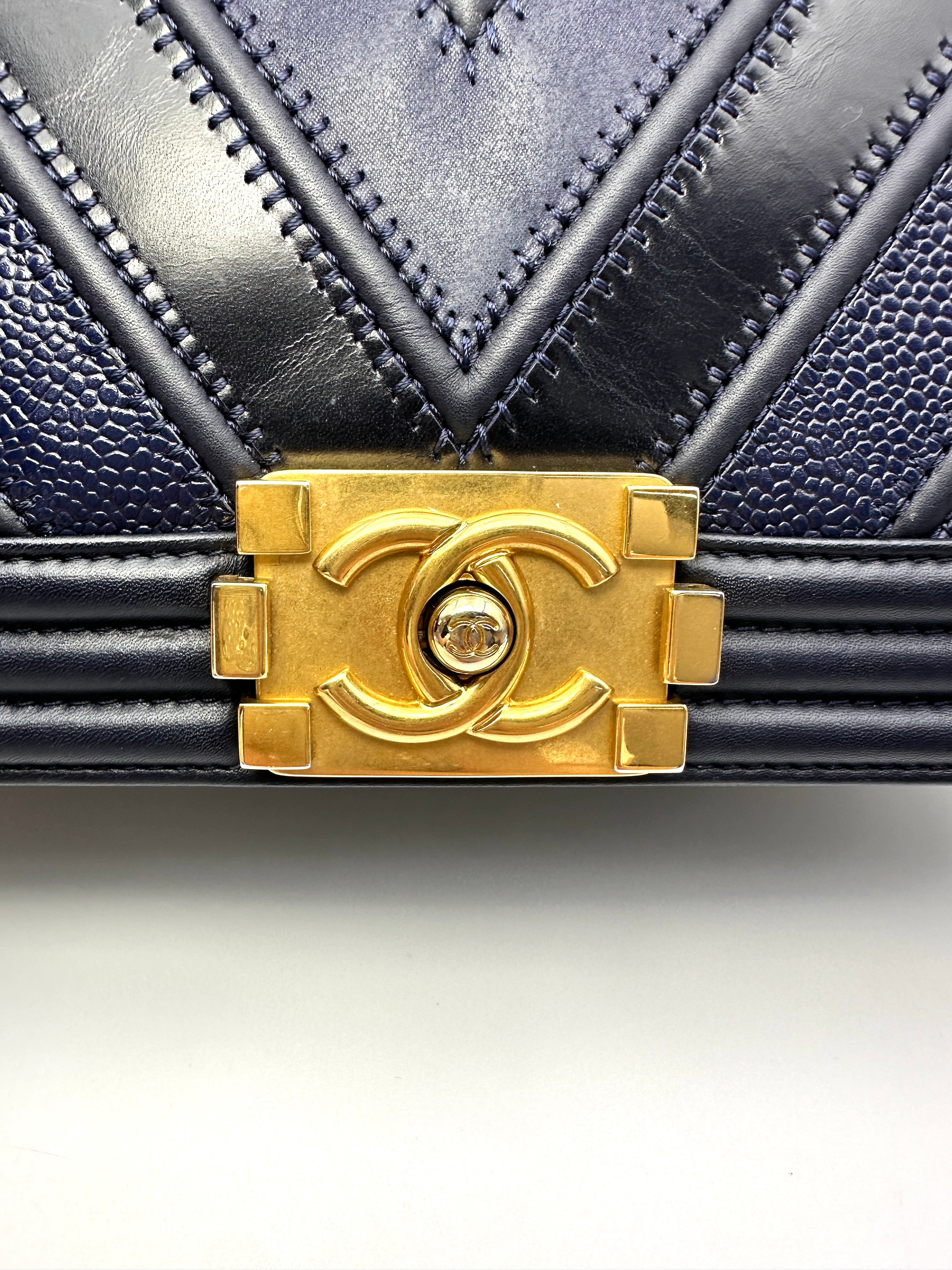 Chanel LeBoy Navy Chevron Quilted Calfskin Flap Bag With Gold Buckle(22***23) CC2114