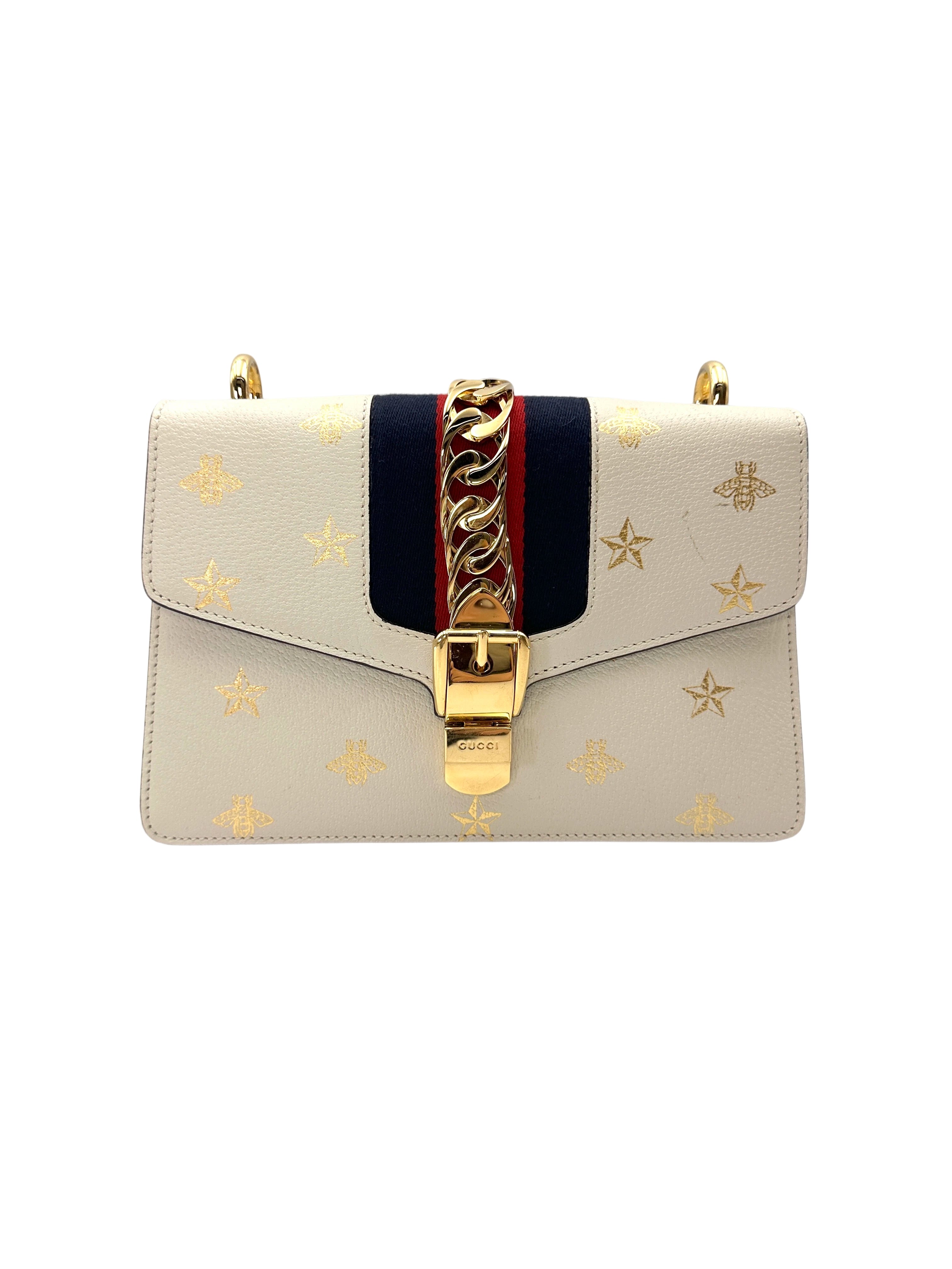 Gucci Sylvie Bee Star White Leather Shoulder Bag GG1250