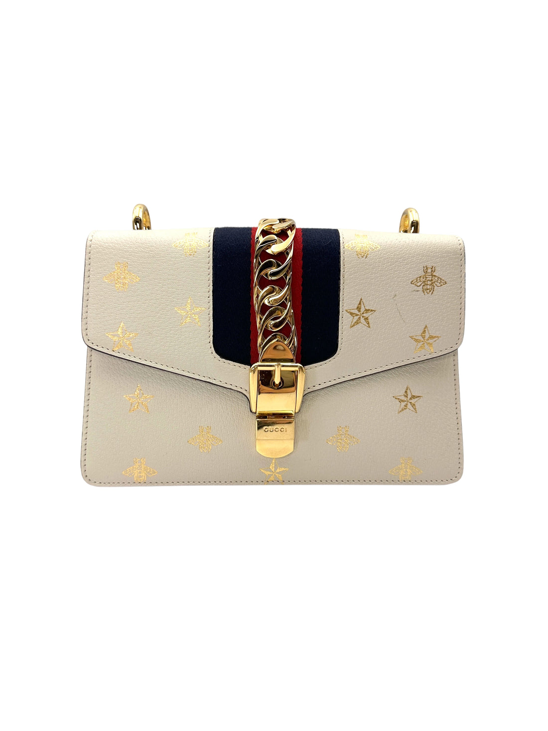 Gucci Sylvie Bee Star White Leather Shoulder Bag GG1250