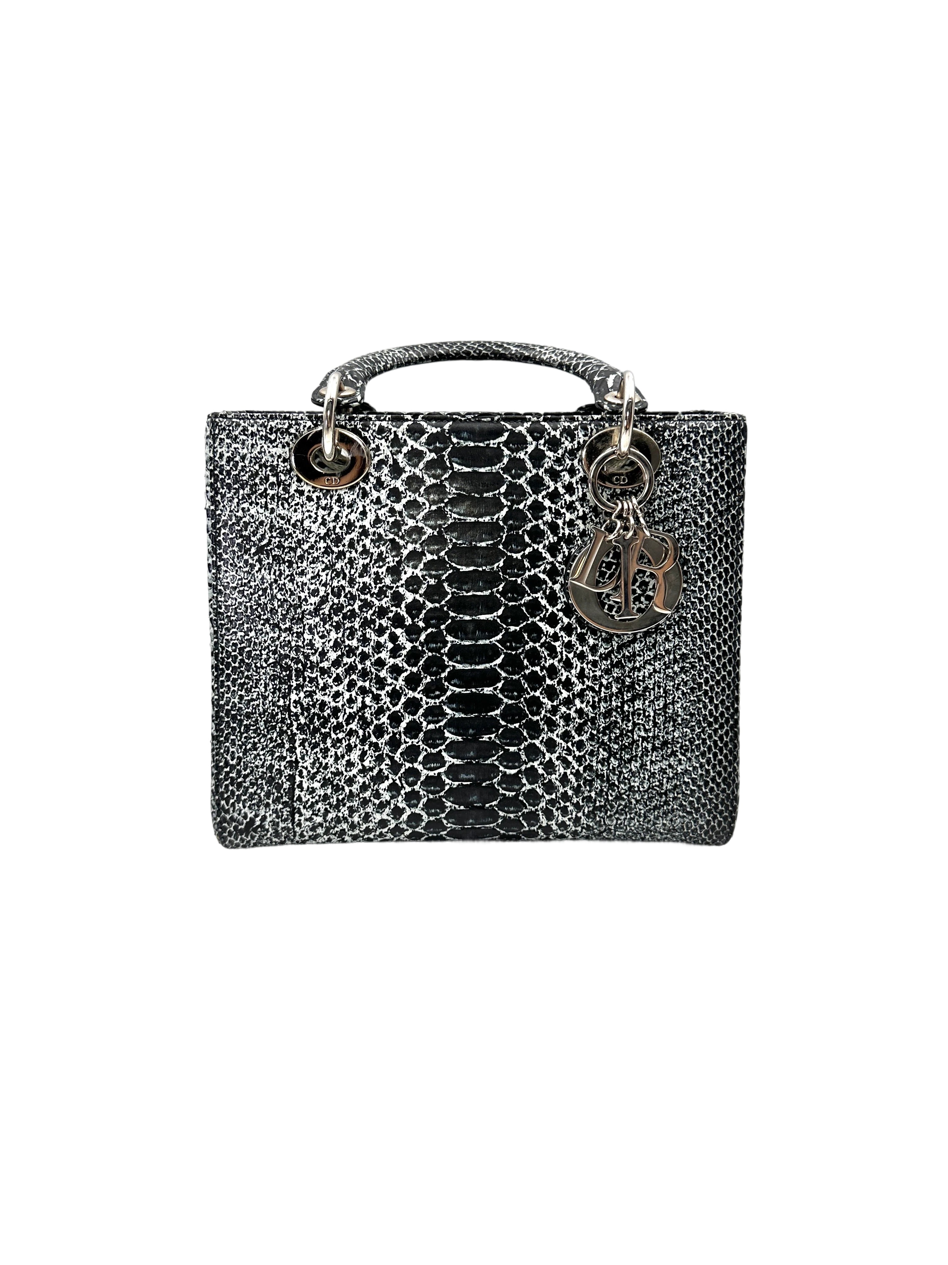 Christian Dior Lady Dior Grey Python Leather Handle Bag With Silver Charms DR790