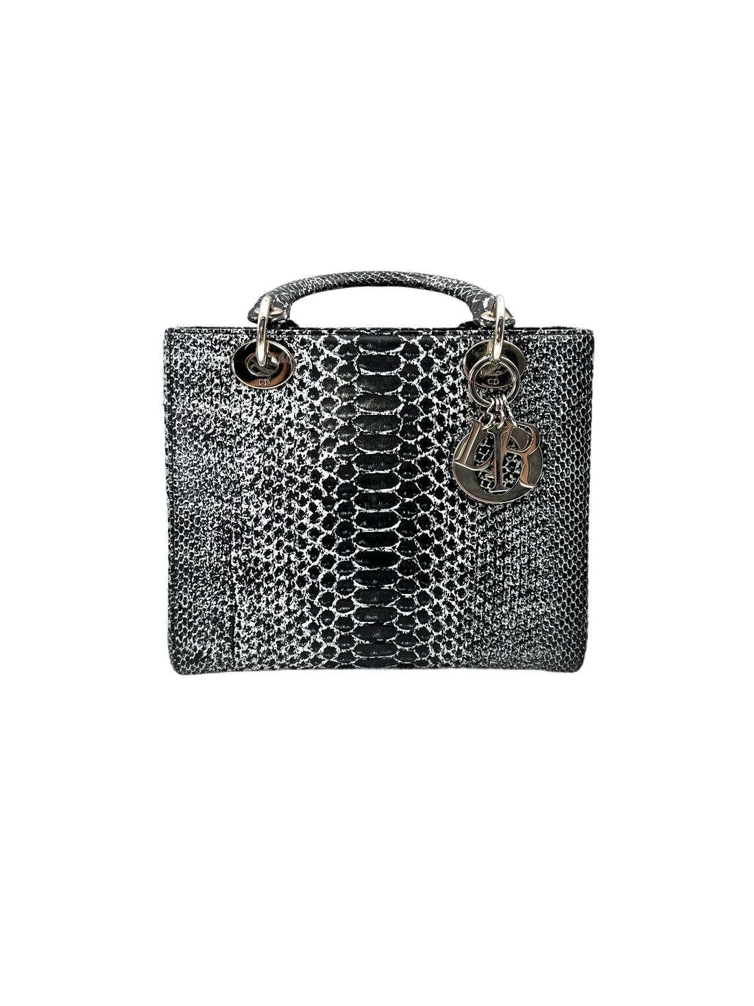 Christian Dior Lady Dior Grey Python Leather Handle Bag With Silver Charms DR790
