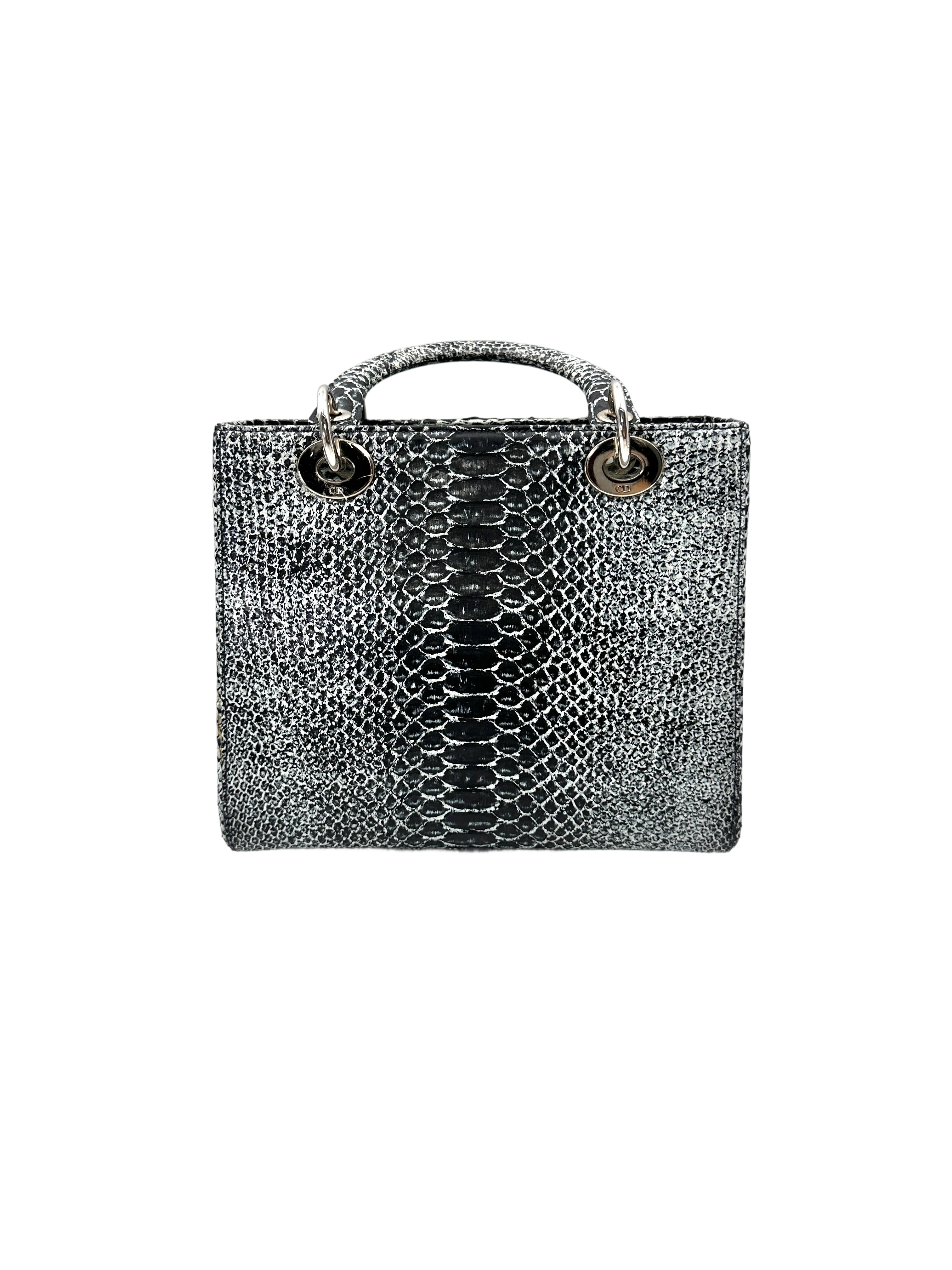 Christian Dior Lady Dior Grey Python Leather Handle Bag With Silver Charms DR790