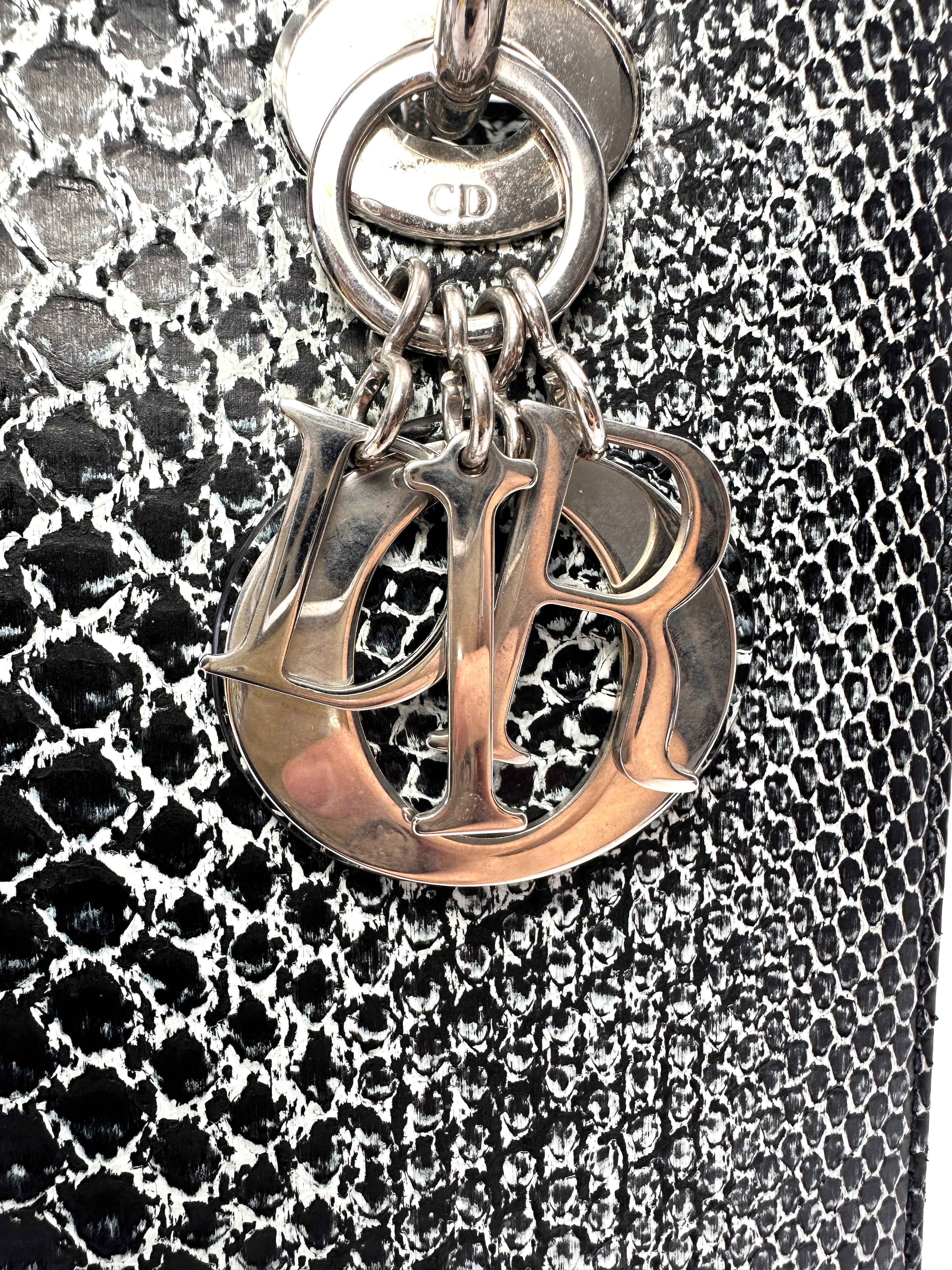 Christian Dior Lady Dior Grey Python Leather Handle Bag With Silver Charms DR790