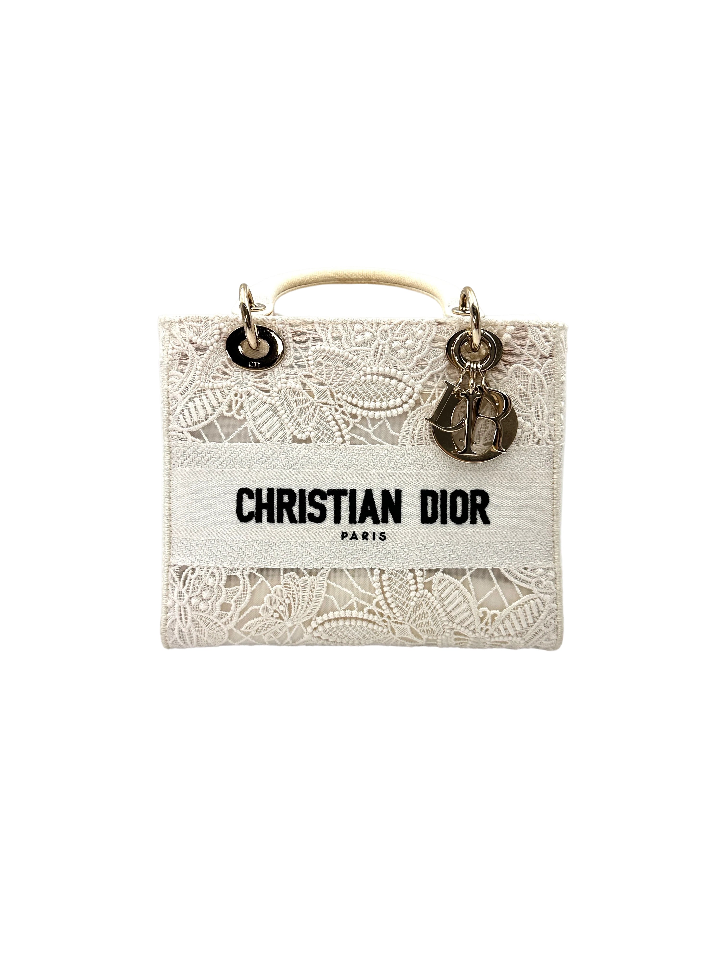 Christian Dior Lady Dior White D-Lace Embroidery Handle Bag With Silver Charms DR777