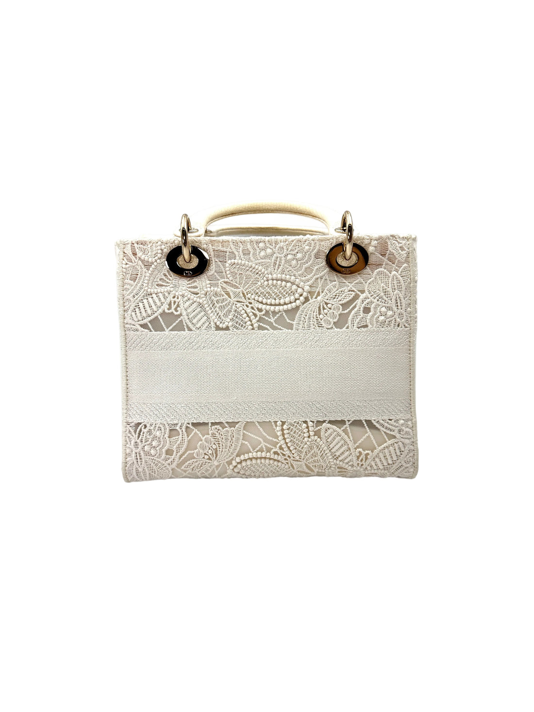 Christian Dior Lady Dior White D-Lace Embroidery Handle Bag With Silver Charms DR777
