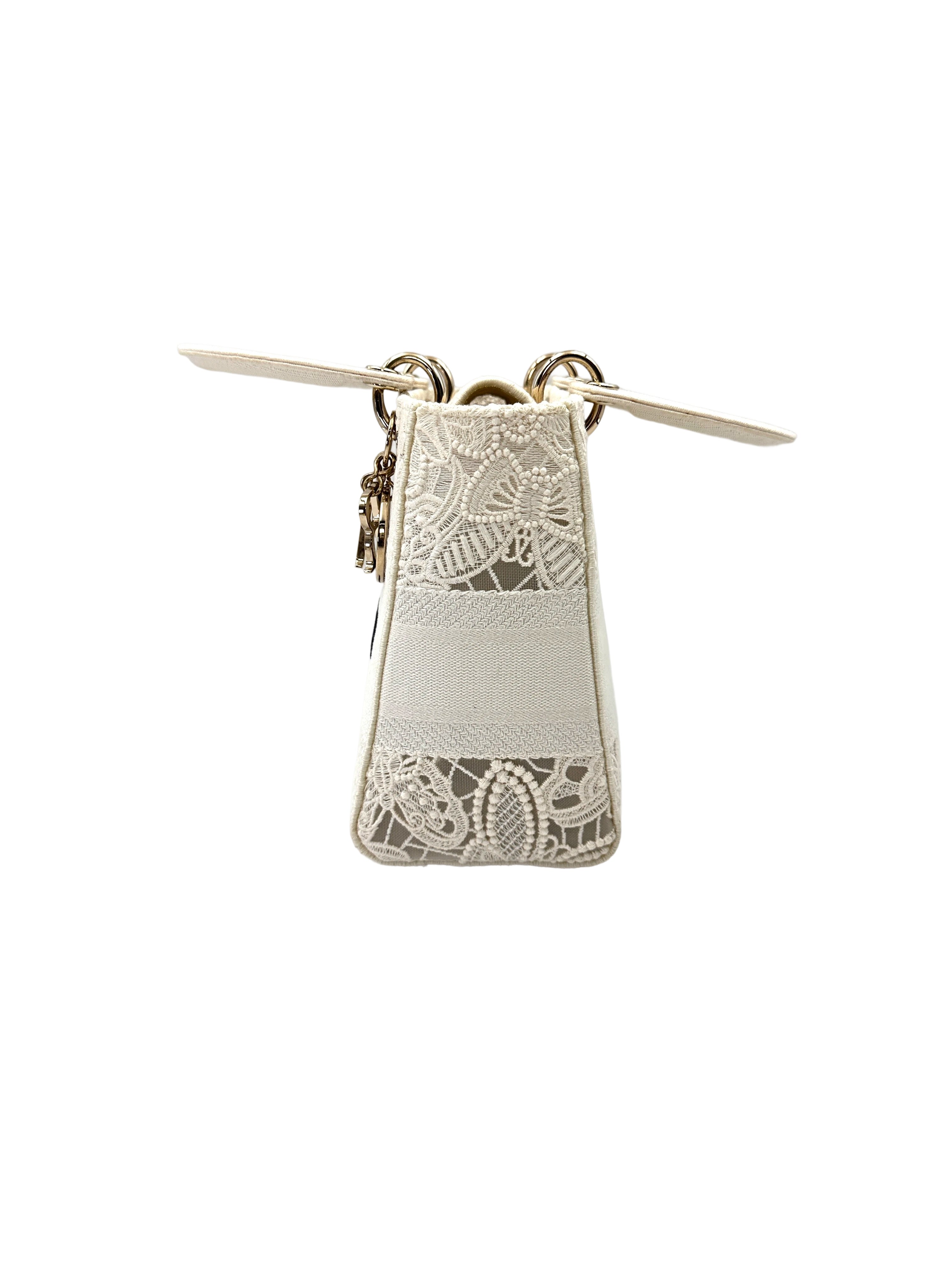 Christian Dior Lady Dior White D-Lace Embroidery Handle Bag With Silver Charms DR777