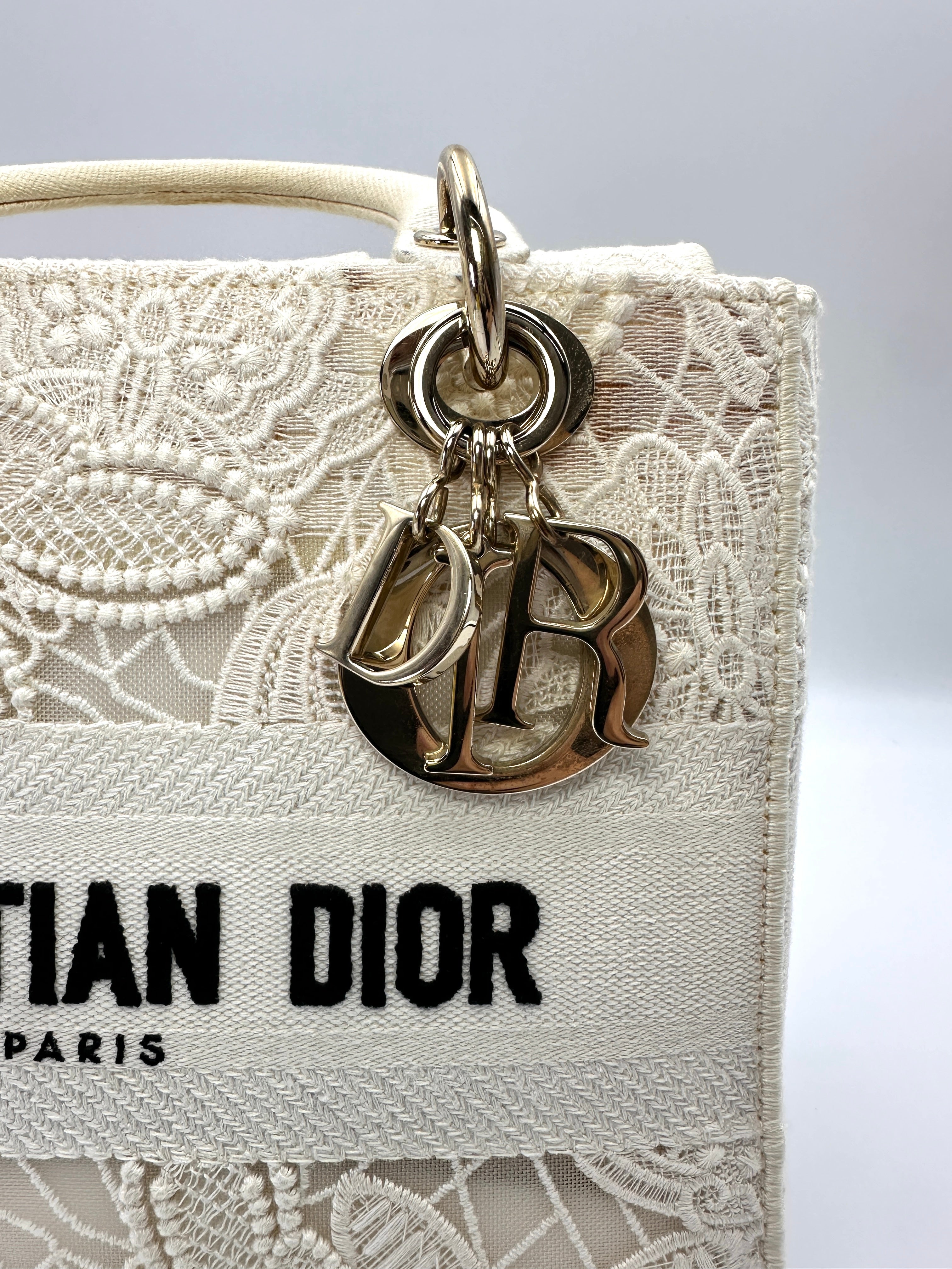 Christian Dior Lady Dior White D-Lace Embroidery Handle Bag With Silver Charms DR777
