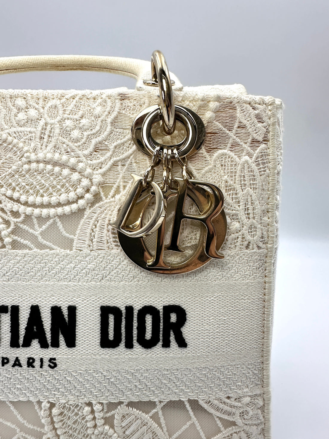 Christian Dior Lady Dior White D-Lace Embroidery Handle Bag With Silver Charms DR777