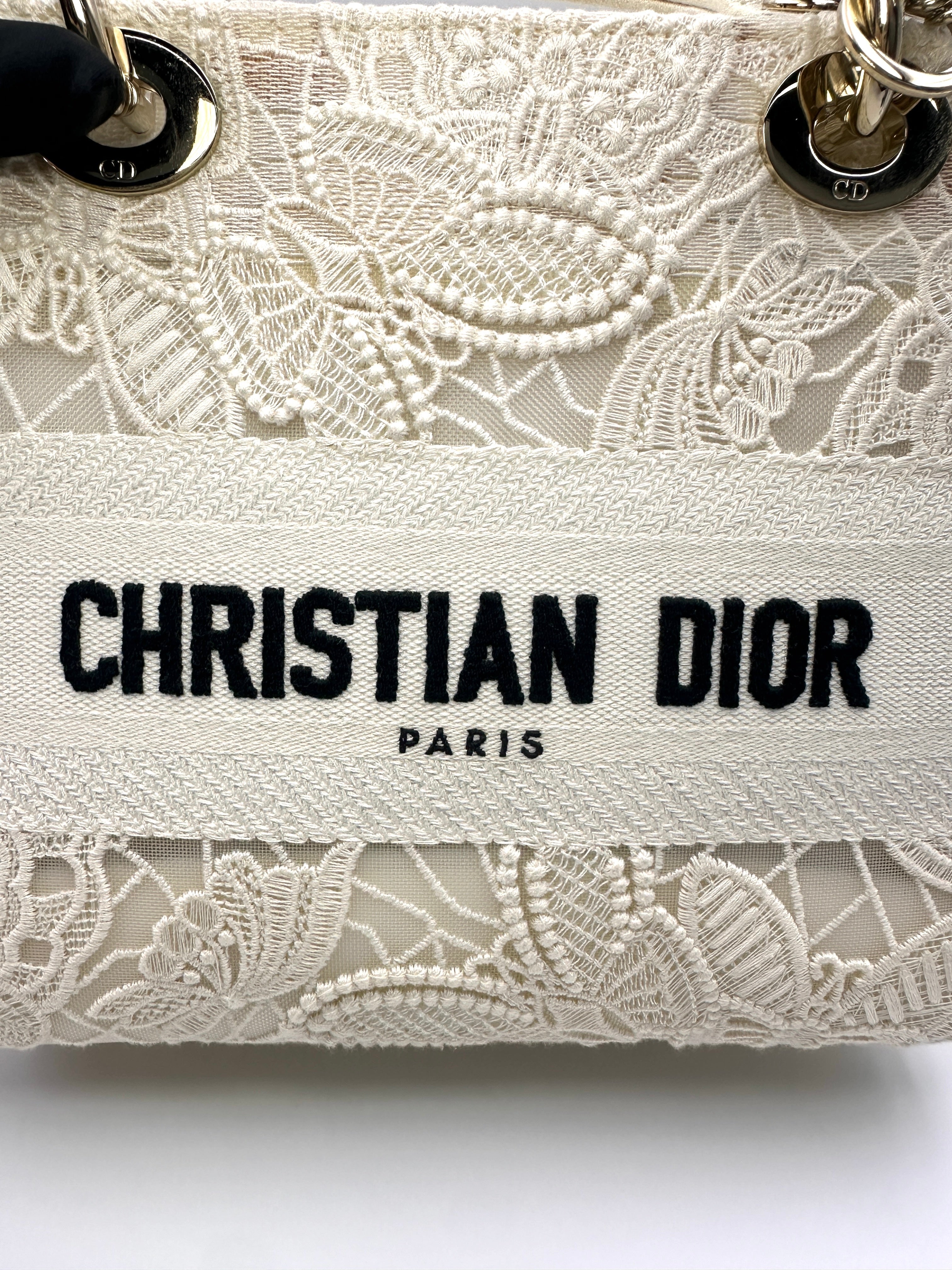 Christian Dior Lady Dior White D-Lace Embroidery Handle Bag With Silver Charms DR777