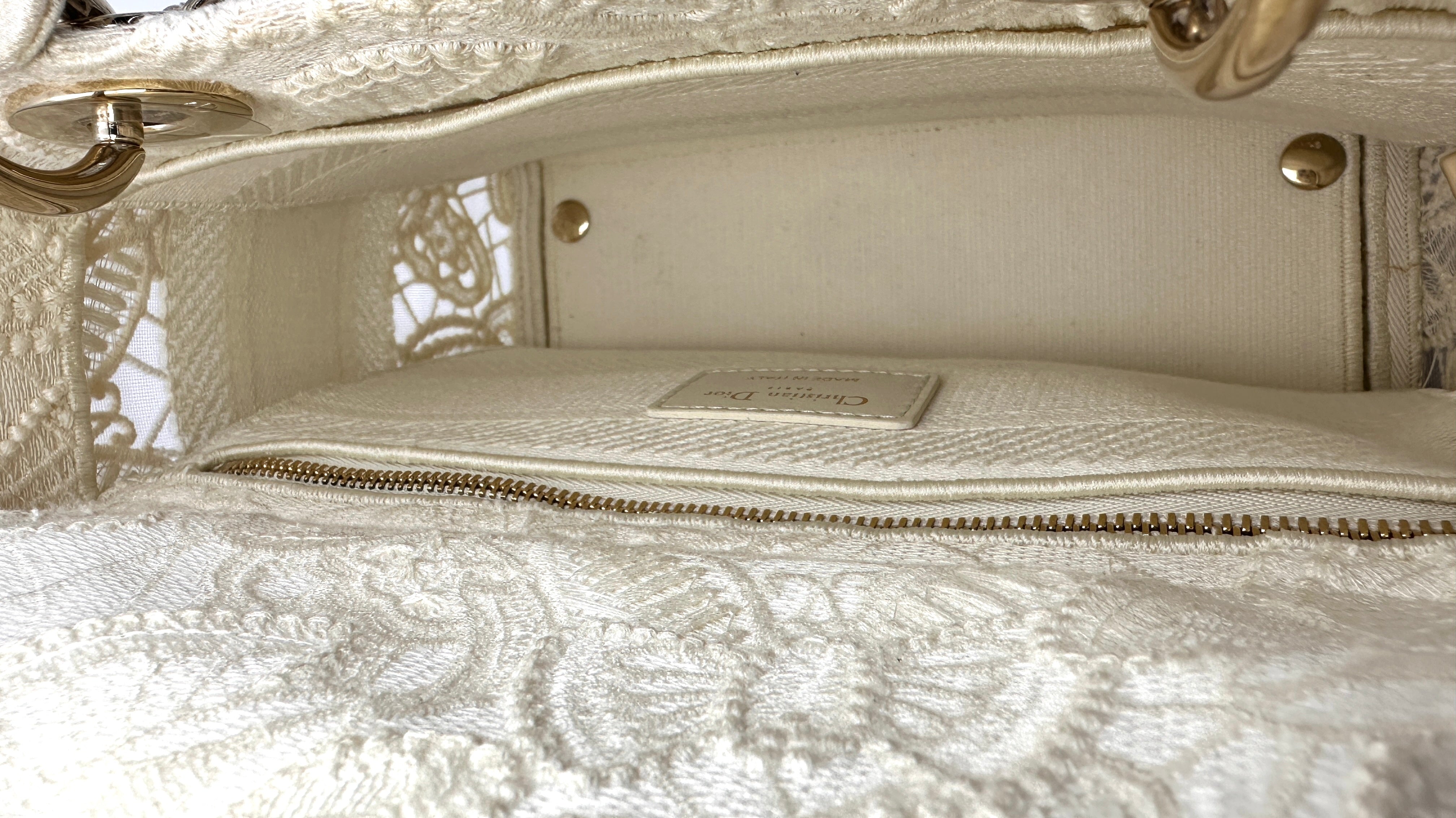 Christian Dior Lady Dior White D-Lace Embroidery Handle Bag With Silver Charms DR777