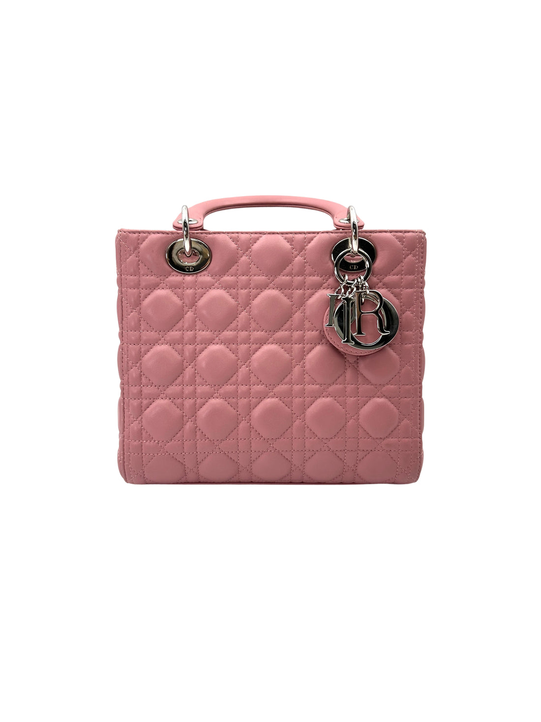 Christian Dior Lady Dior Light Pink Cannage Leather Handle Bag With Silver Charms DR780