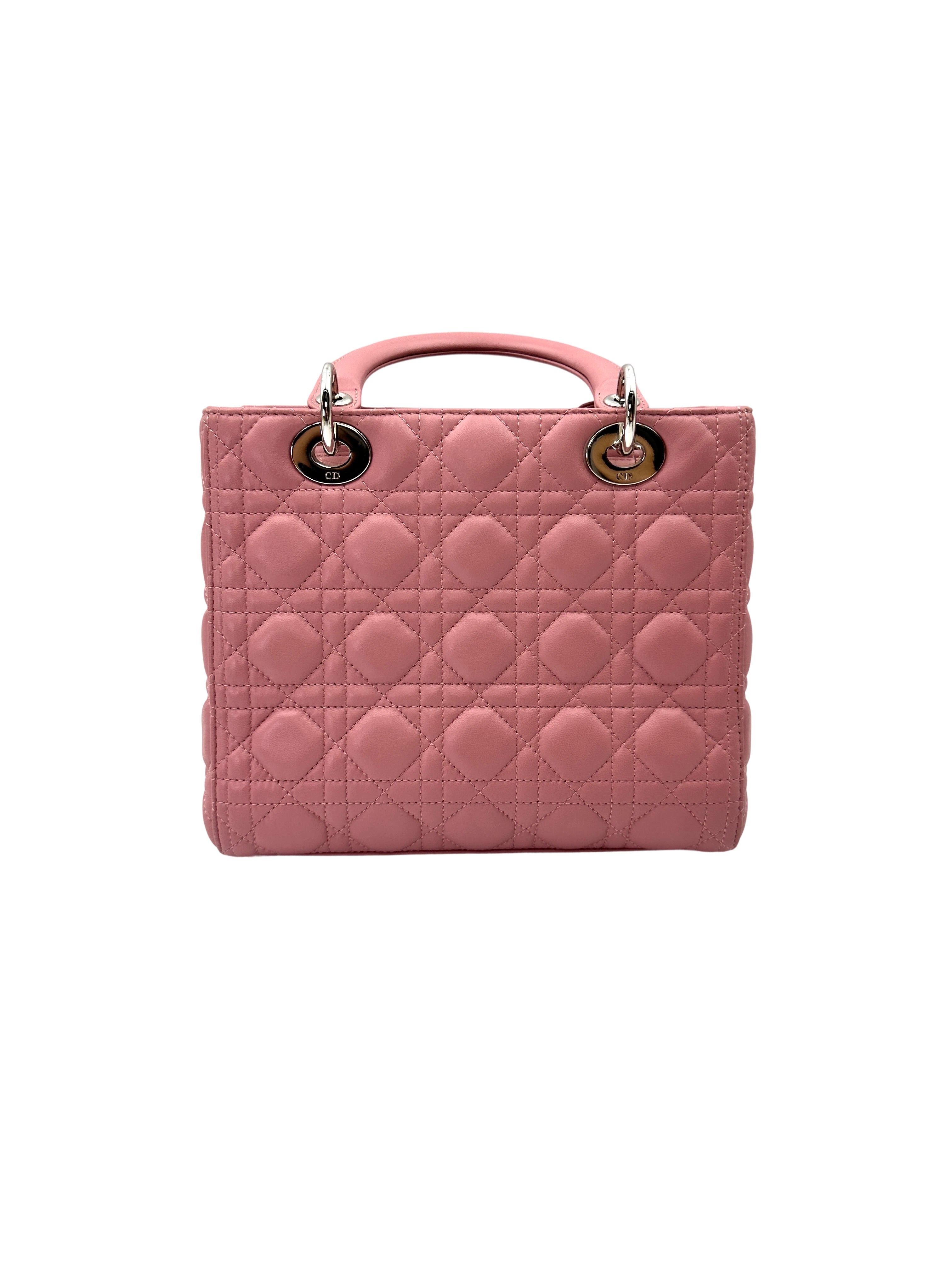 Christian Dior Lady Dior Light Pink Cannage Leather Handle Bag With Silver Charms DR780