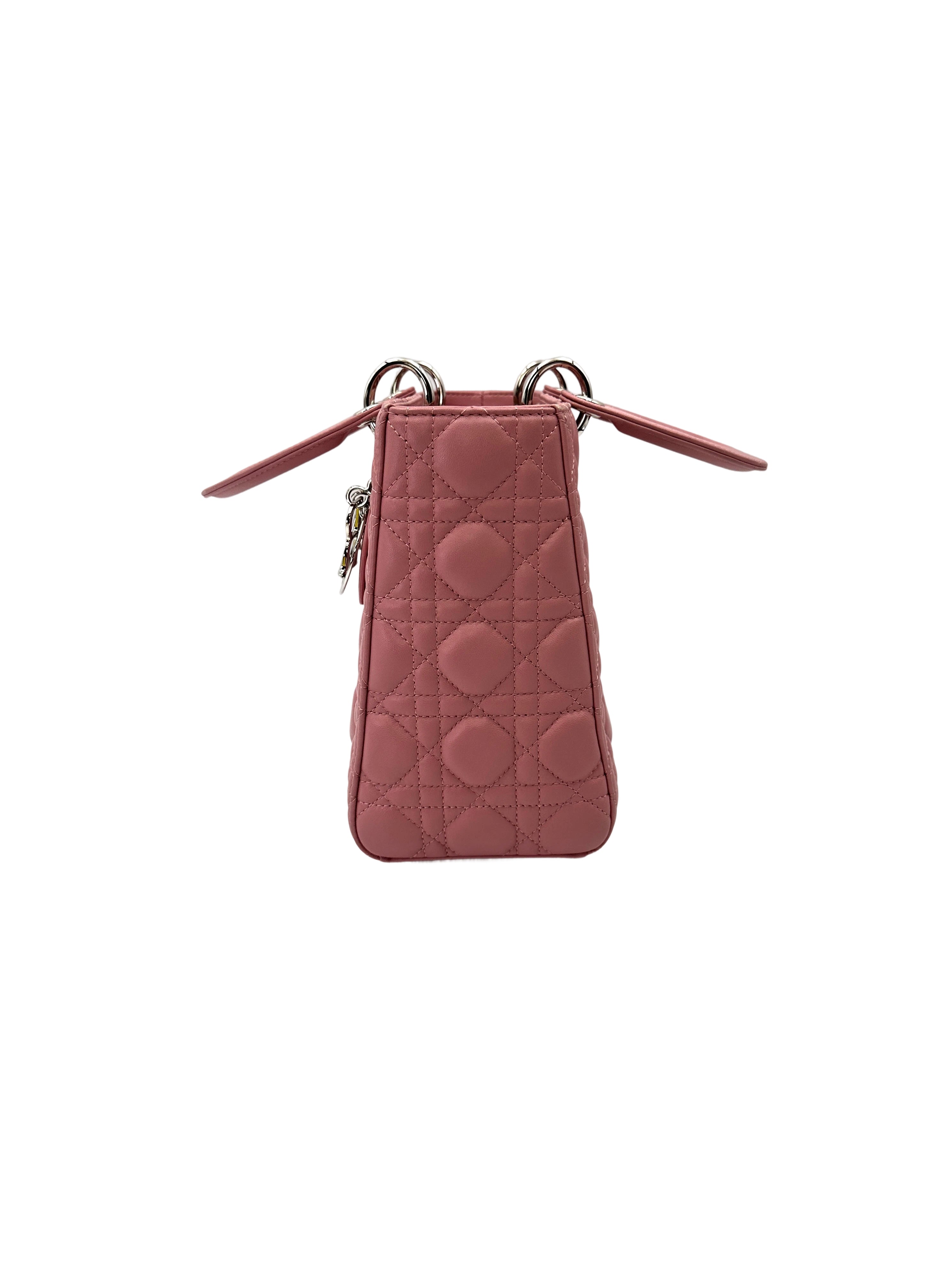 Christian Dior Lady Dior Light Pink Cannage Leather Handle Bag With Silver Charms DR780