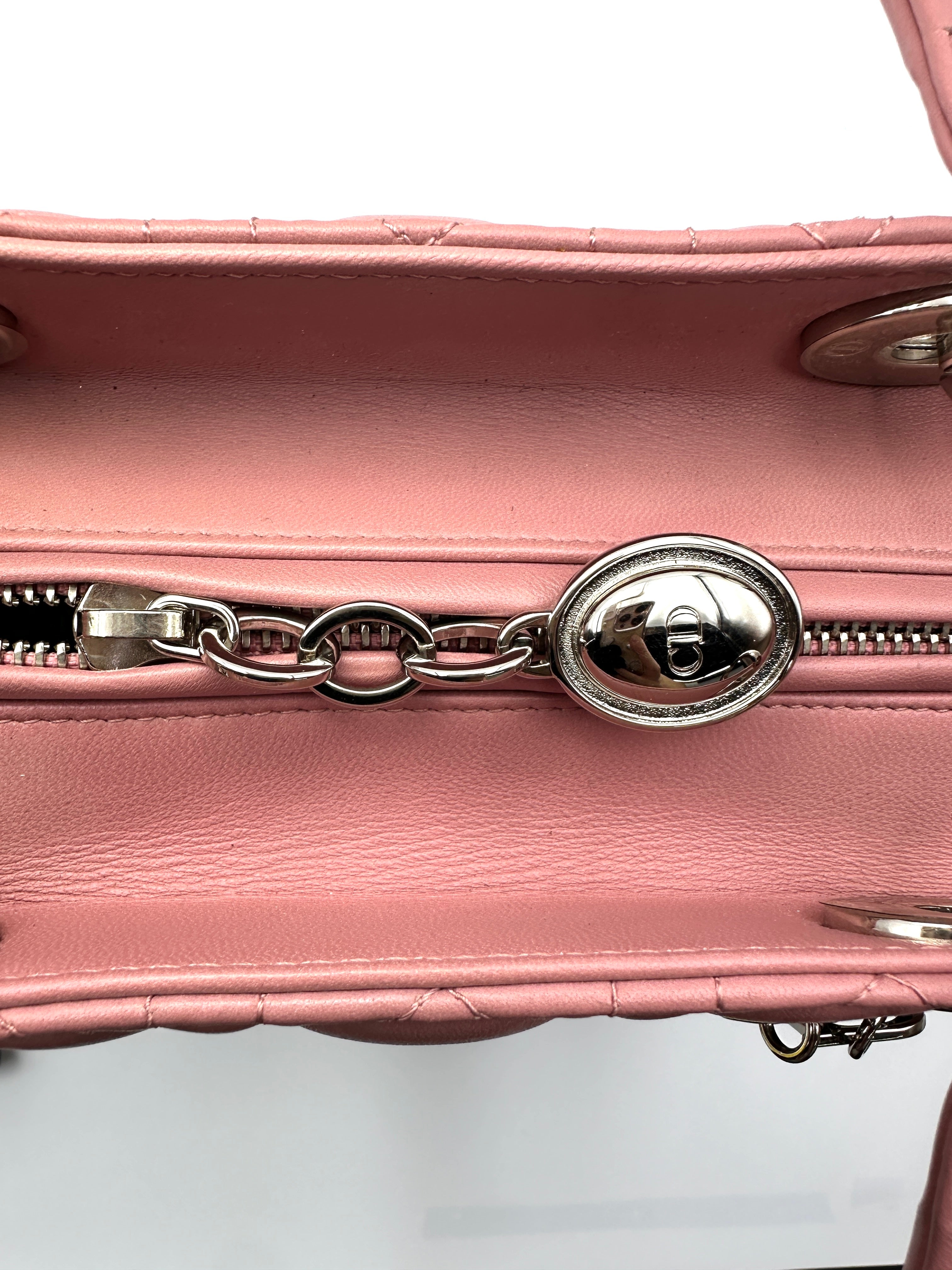 Christian Dior Lady Dior Light Pink Cannage Leather Handle Bag With Silver Charms DR780