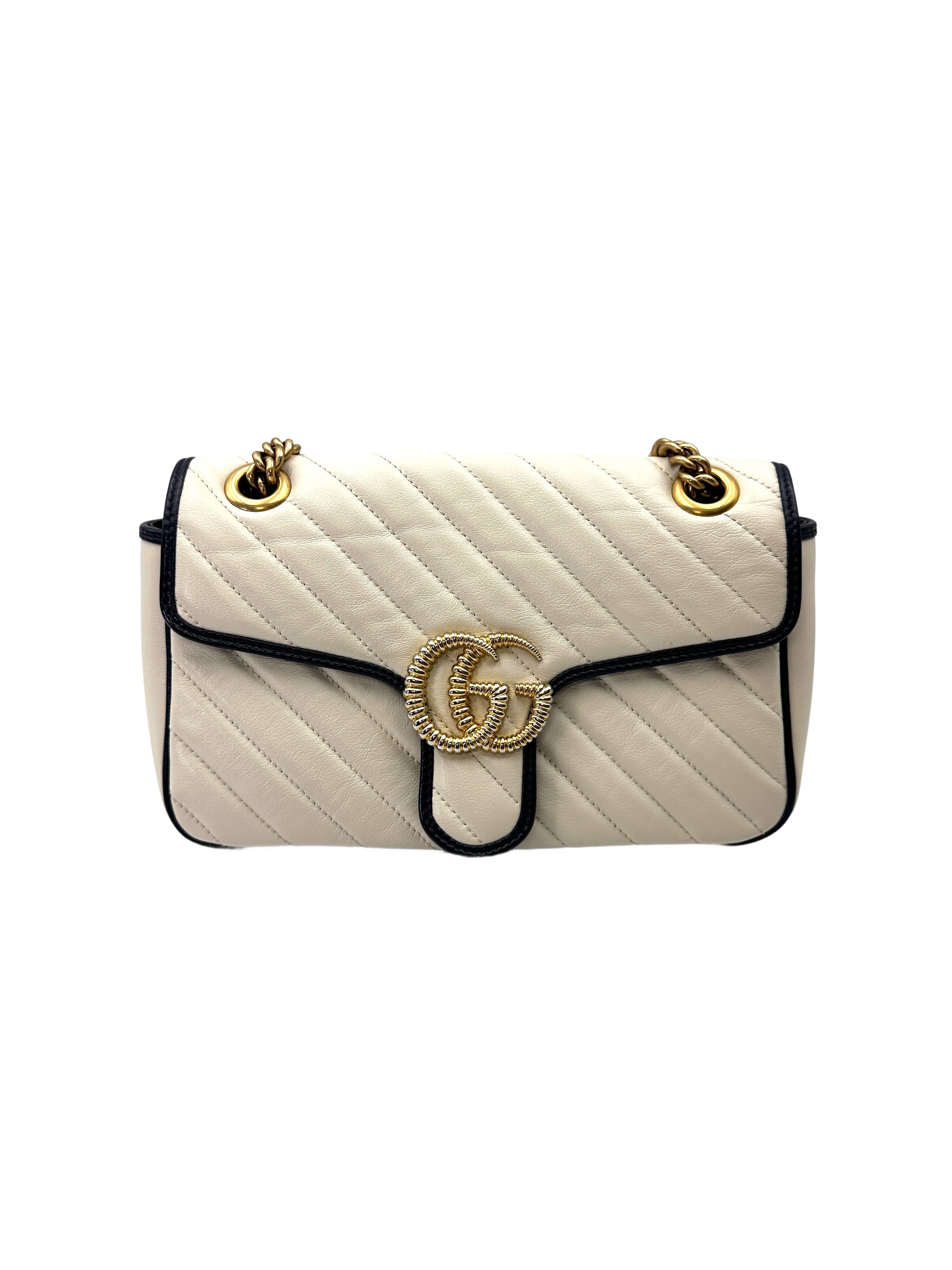 Gucci GG Marmont White Quilted Leather Shoulder Bag With Navy Trim GG1269