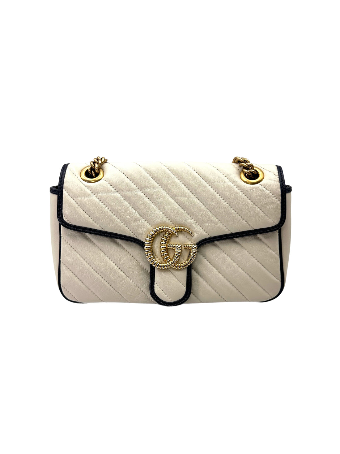 Gucci GG Marmont White Quilted Leather Shoulder Bag With Navy Trim GG1269