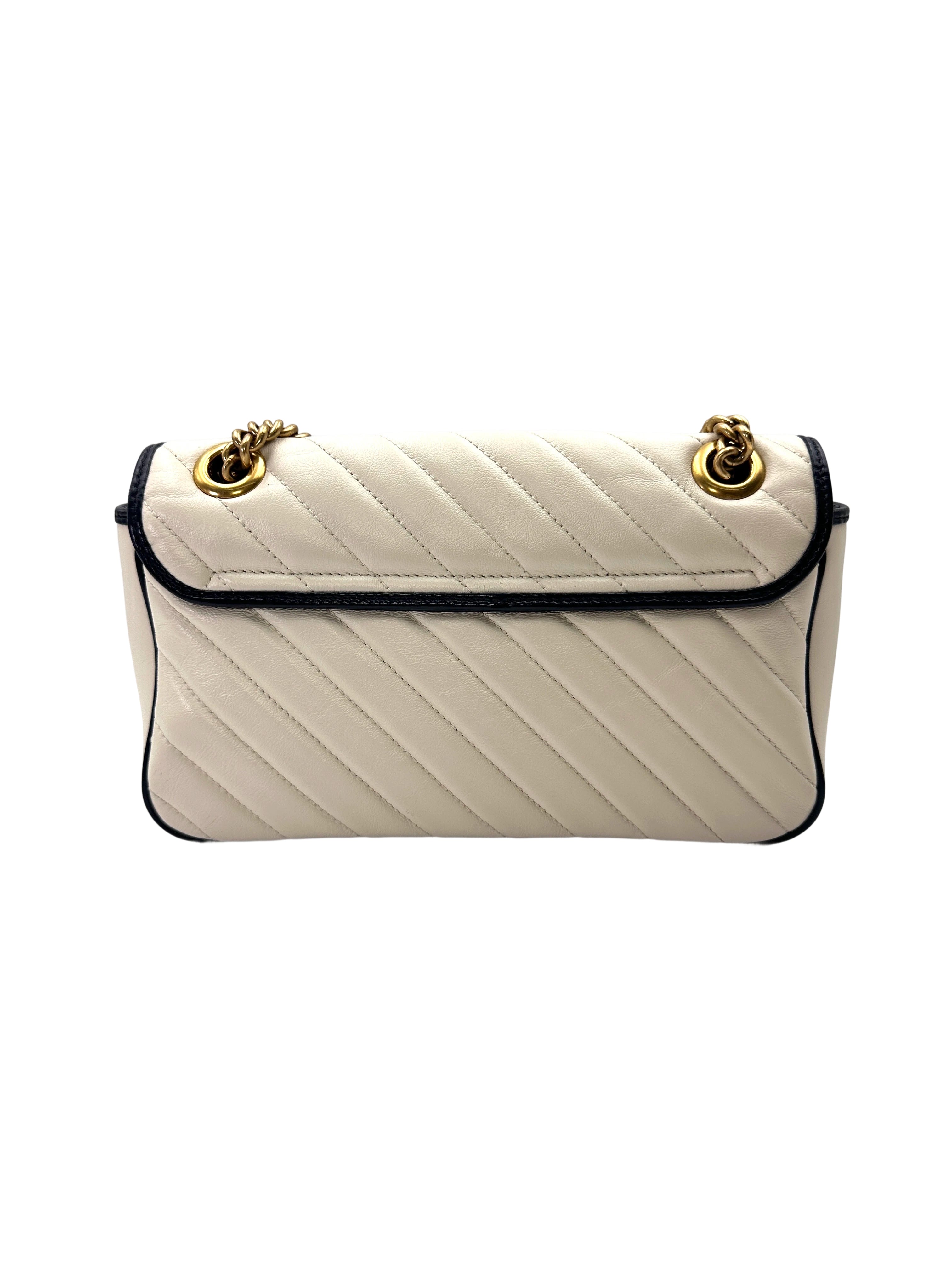 Gucci GG Marmont White Quilted Leather Shoulder Bag With Navy Trim GG1269