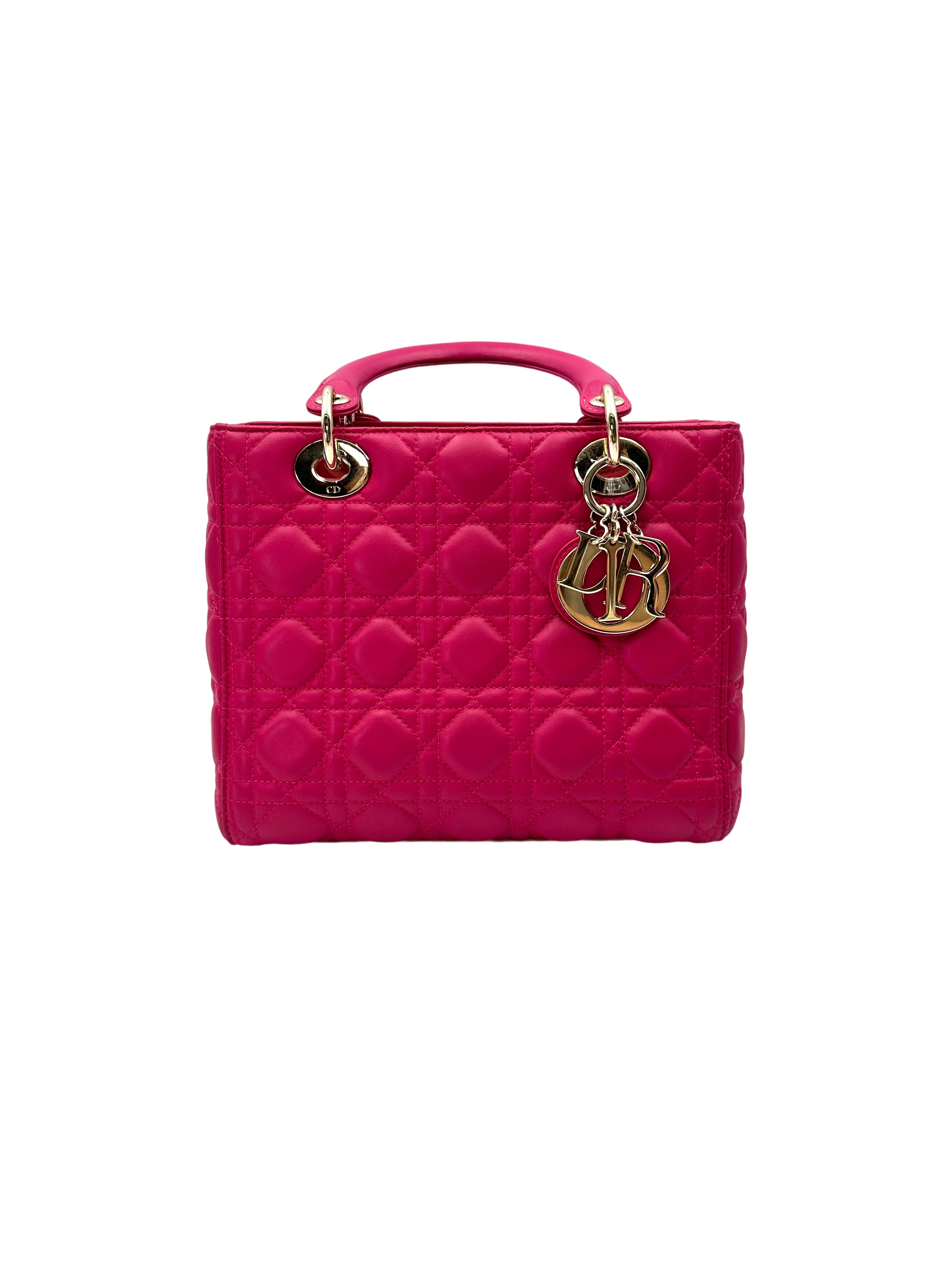 Christian Dior Lady Dior Pink Cannage Leather Handle Bag With Gold Charms DR782