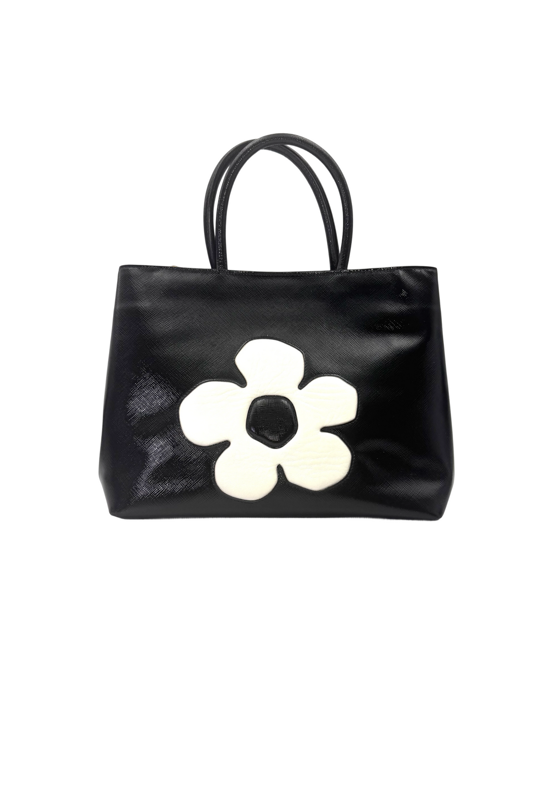 Prada Black Saffiano Leather Handle Bag With White Floral Applique Tote Bag PR460