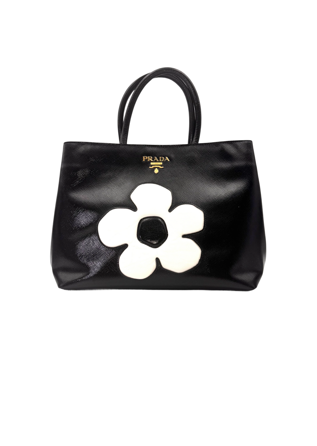 Prada Black Saffiano Leather Handle Bag With White Floral Applique Tote Bag PR460