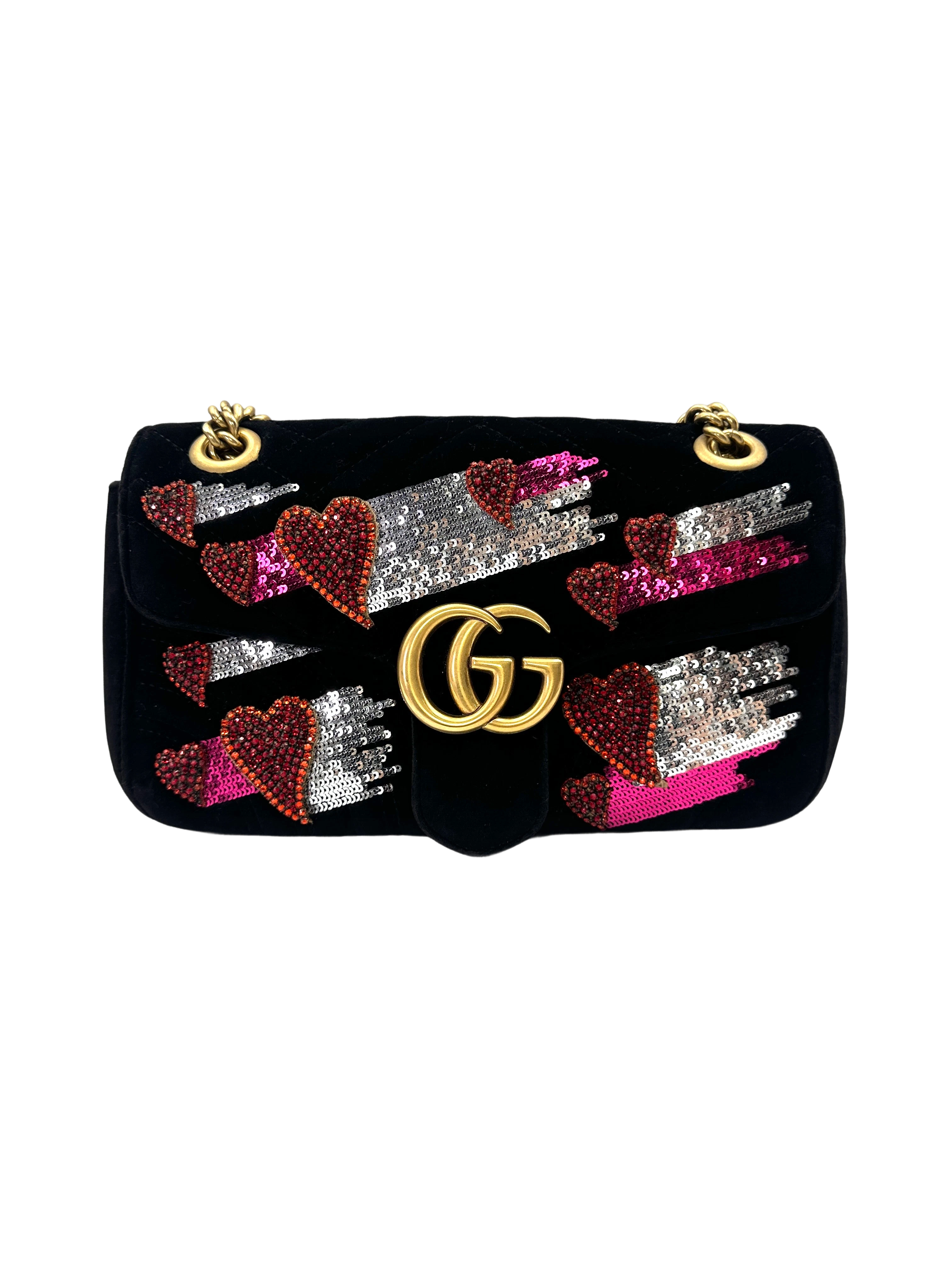 Gucci GG Marmont Black Velvet Shoulder Bag With Crystal Sequin GG1271