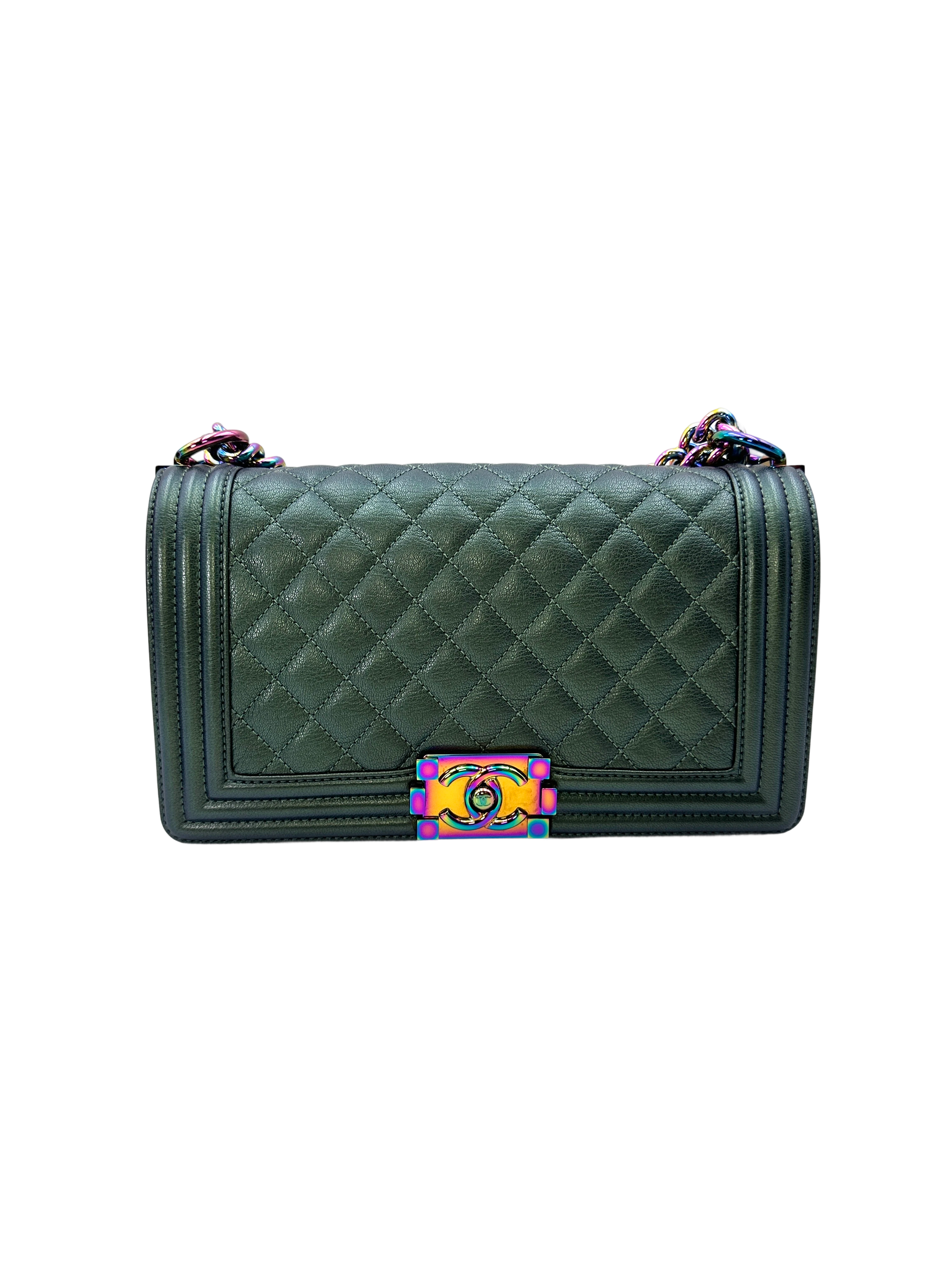 Chanel LeBoy Green Quilted Leather Flap Bag With Rainbow Iridescent Hardware(21***02) CC2128