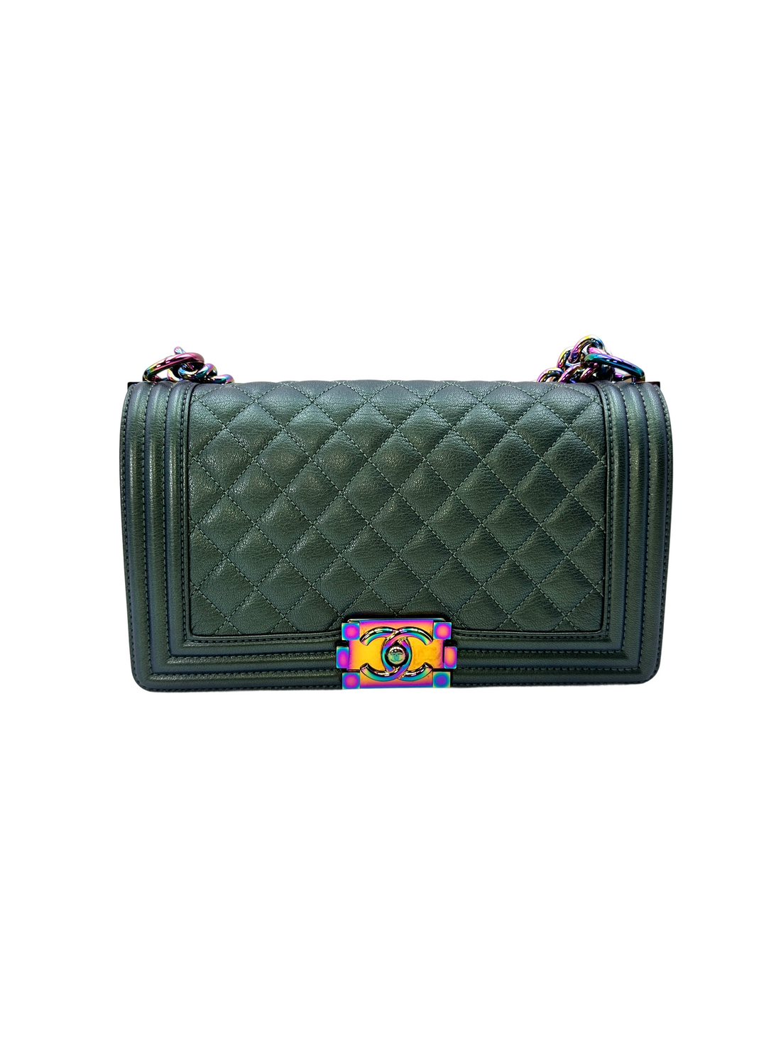 Chanel LeBoy Green Quilted Leather Flap Bag With Rainbow Iridescent Hardware(21***02) CC2128