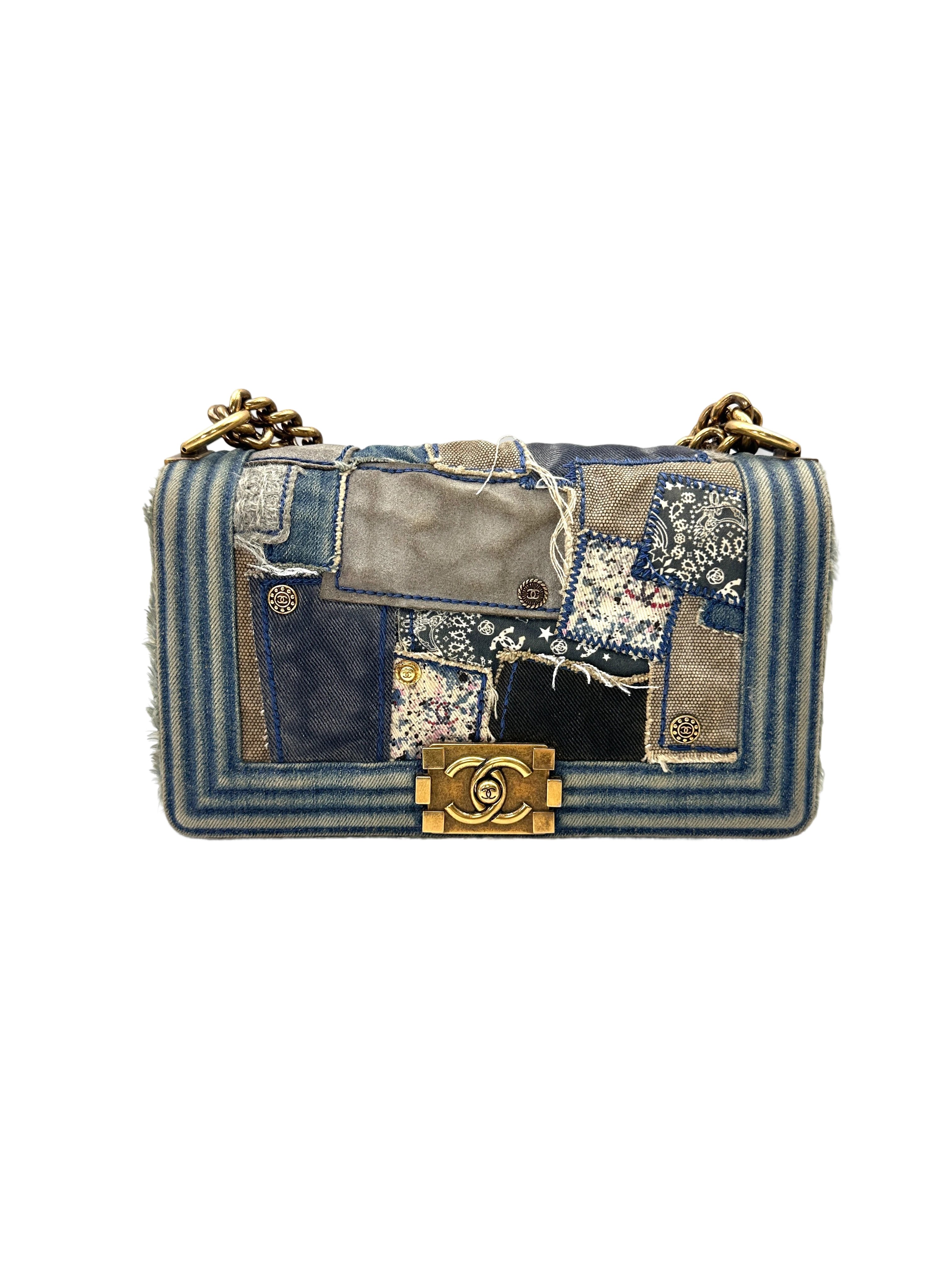Chanel LeBoy Blue Denim Patchwork Medium Size Flap Bag With Gold Buckle(20***31) CC2127