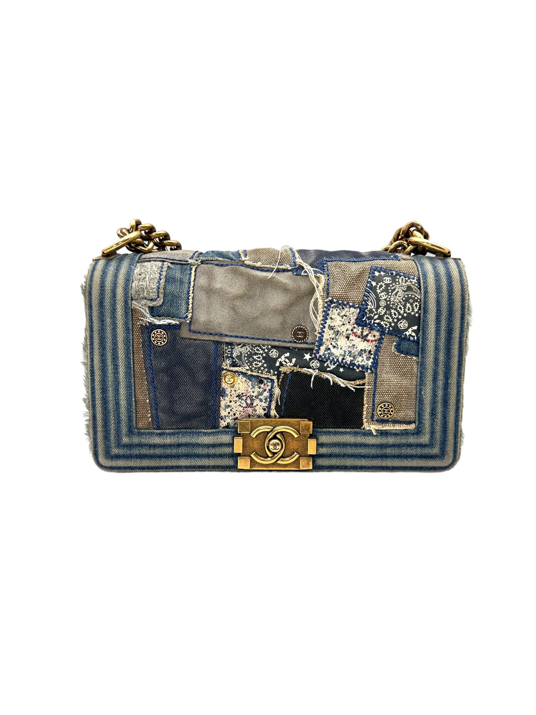 Chanel LeBoy Blue Denim Patchwork Medium Size Flap Bag With Gold Buckle(20***31) CC2127