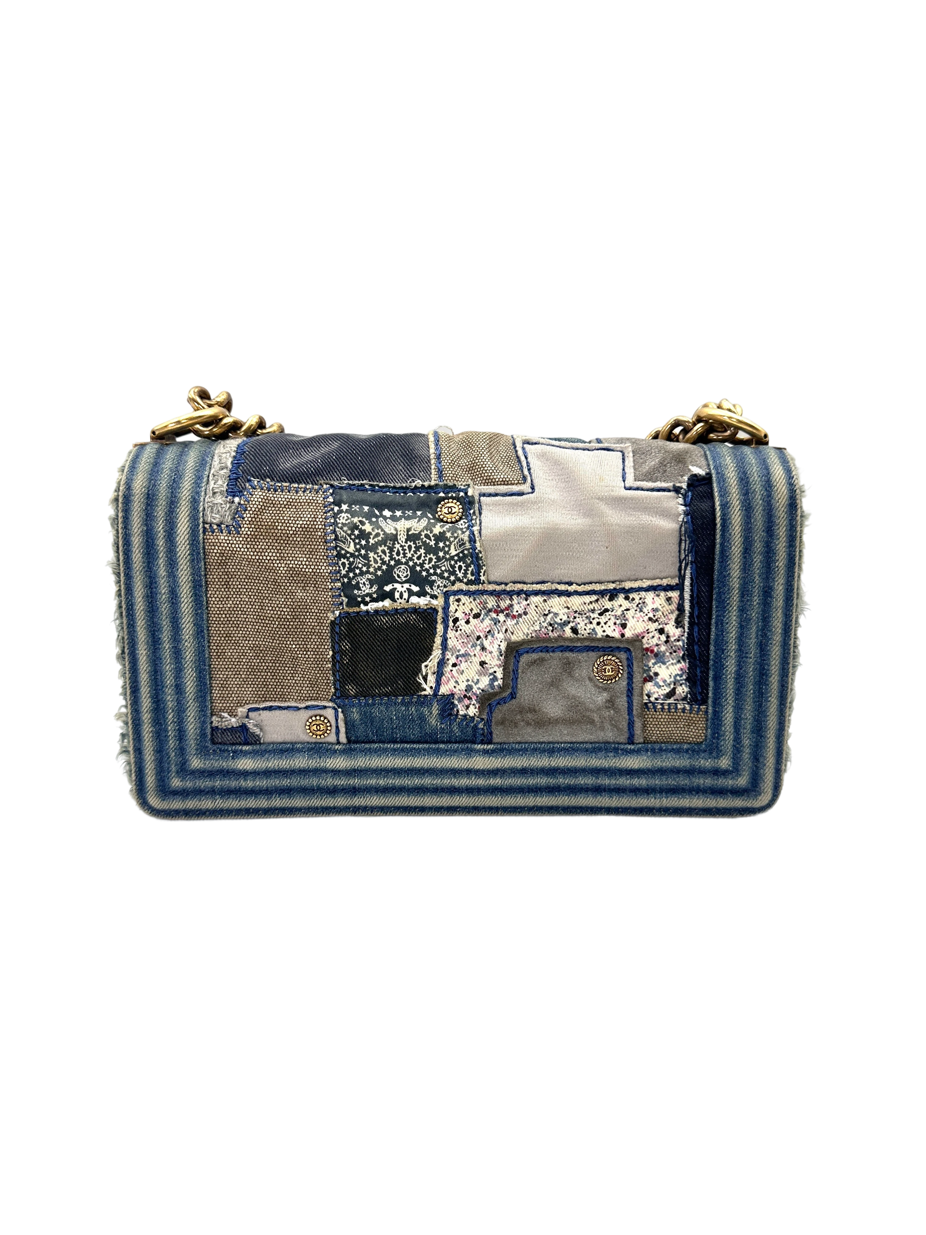 Chanel LeBoy Blue Denim Patchwork Medium Size Flap Bag With Gold Buckle(20***31) CC2127