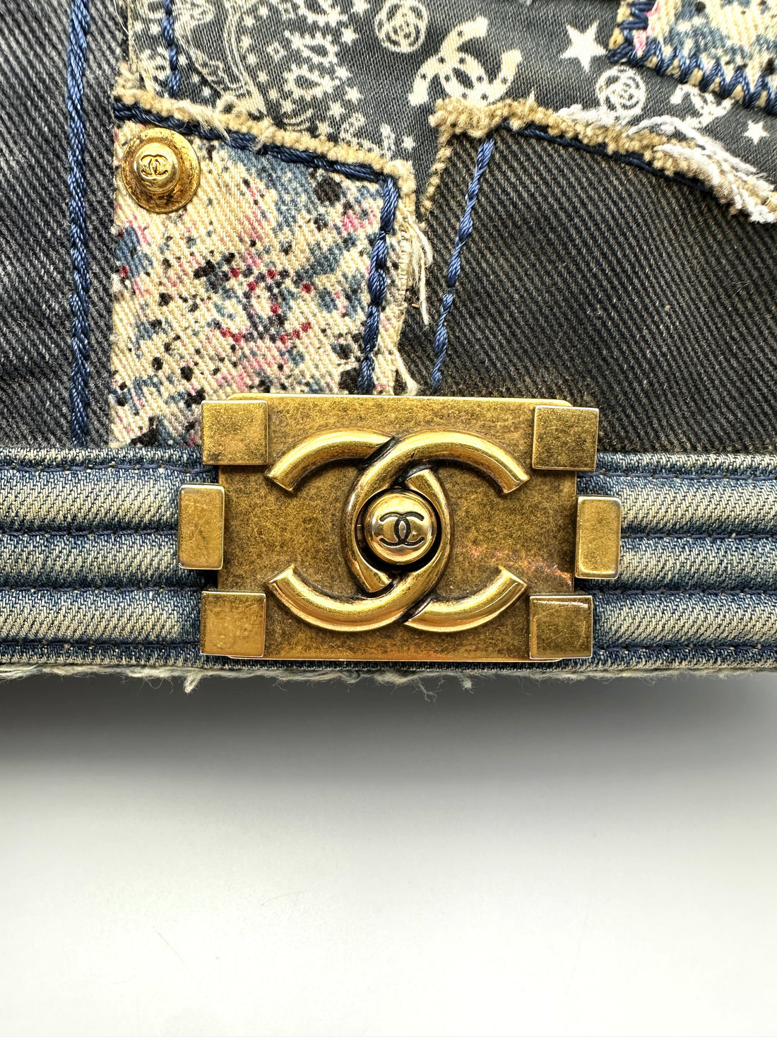 Chanel LeBoy Blue Denim Patchwork Medium Size Flap Bag With Gold Buckle(20***31) CC2127