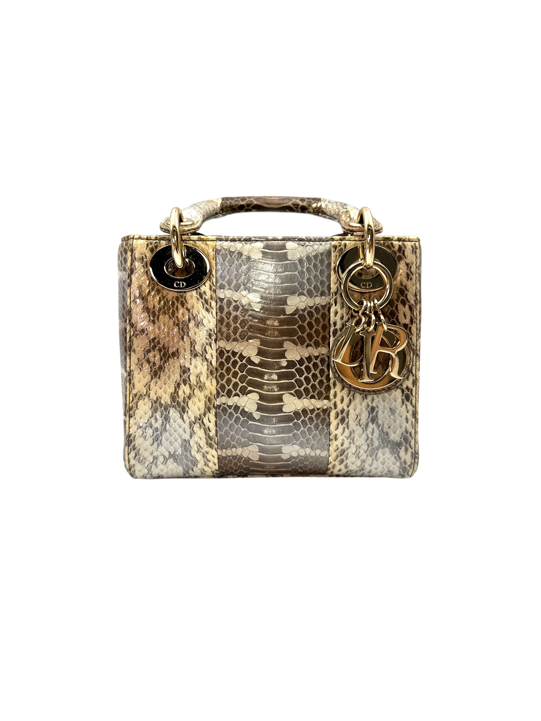 Christian Dior Lady Dior Multicolor Python Leather Handle Bag With Gold Charms DR791