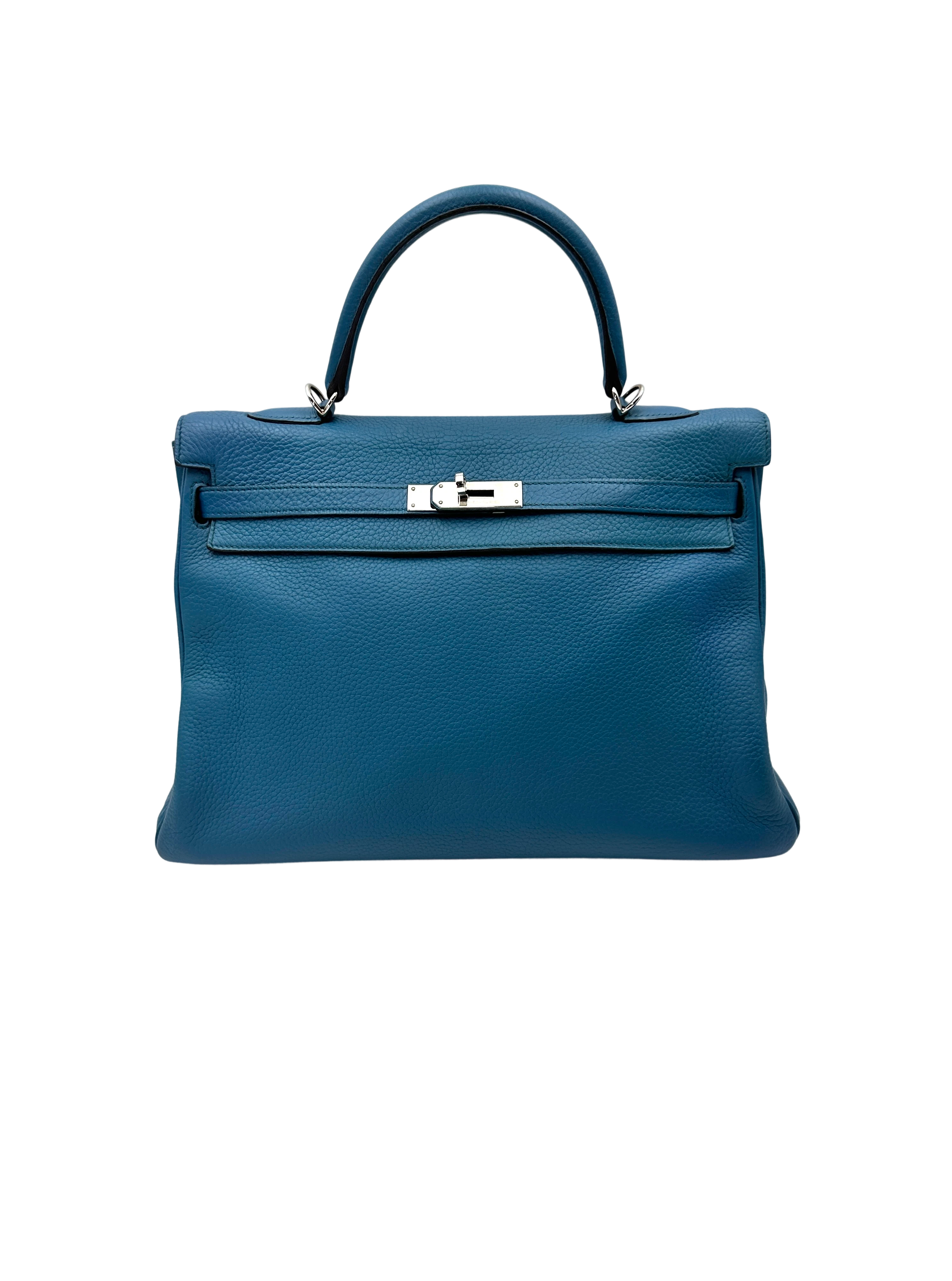 Hermes Kelly35 Blue Leather Top Handle Bag With Silver Hardware HR122