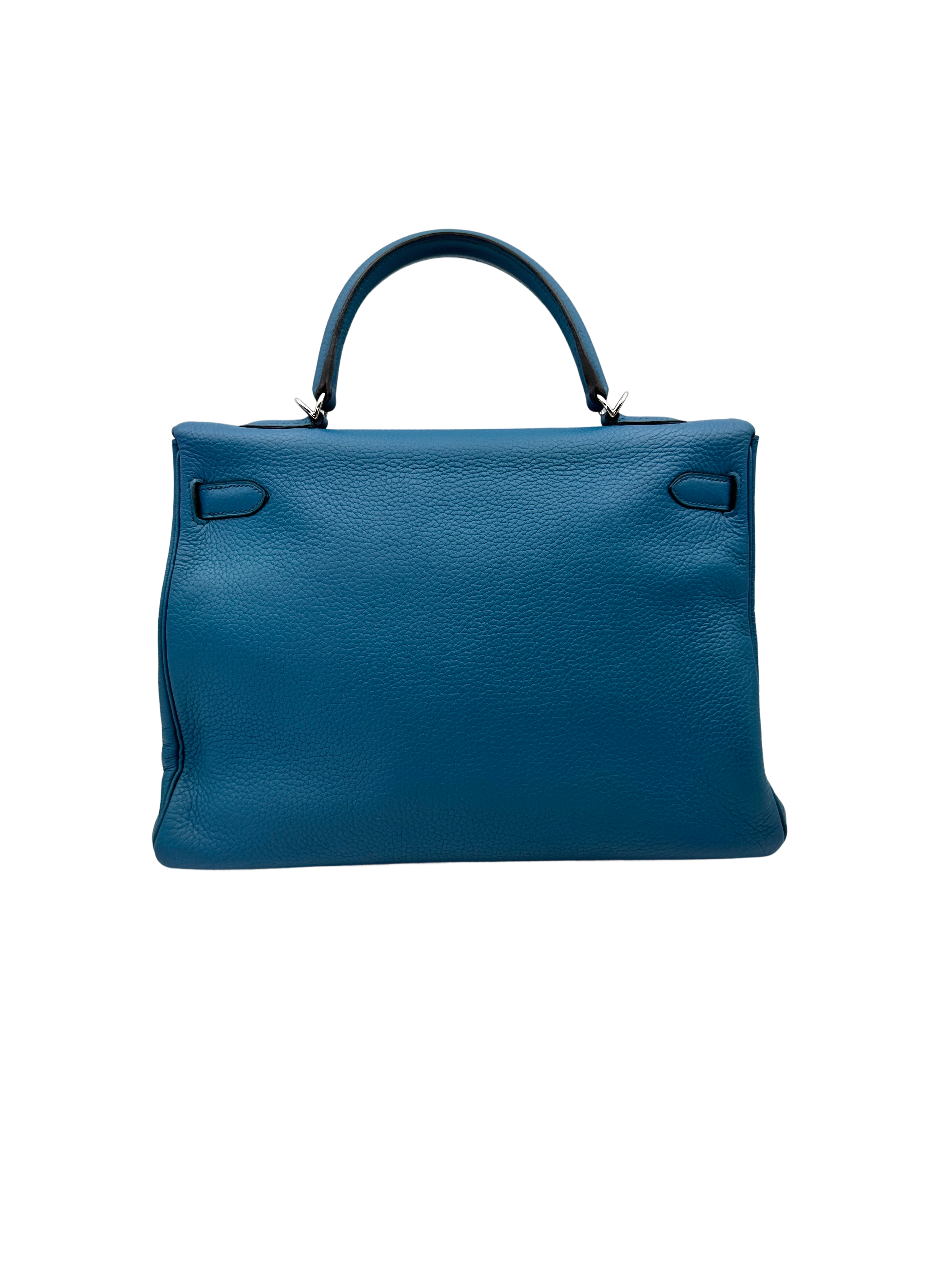 Hermes Kelly35 Blue Leather Top Handle Bag With Silver Hardware HR122