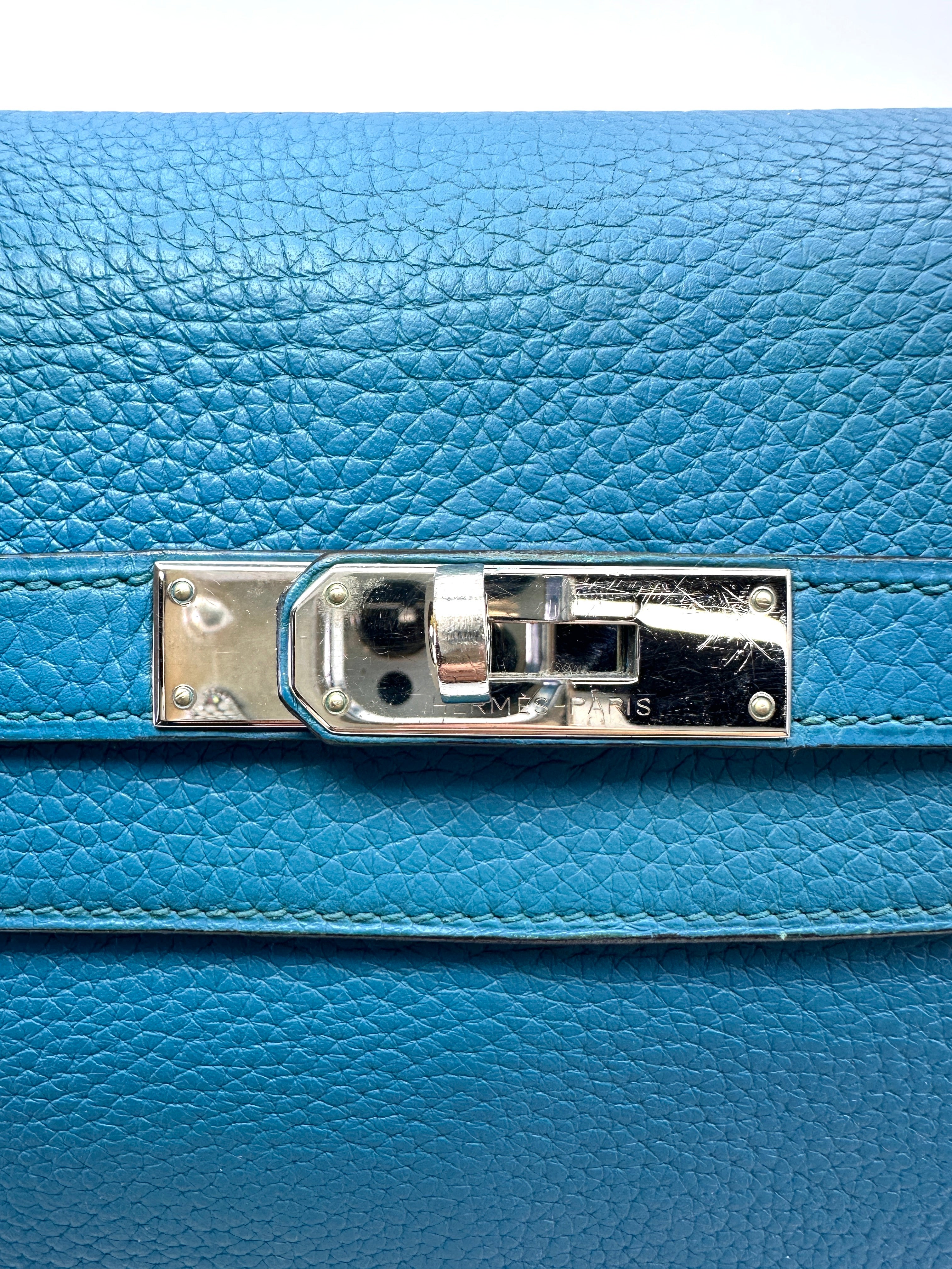 Hermes Kelly35 Blue Leather Top Handle Bag With Silver Hardware HR122