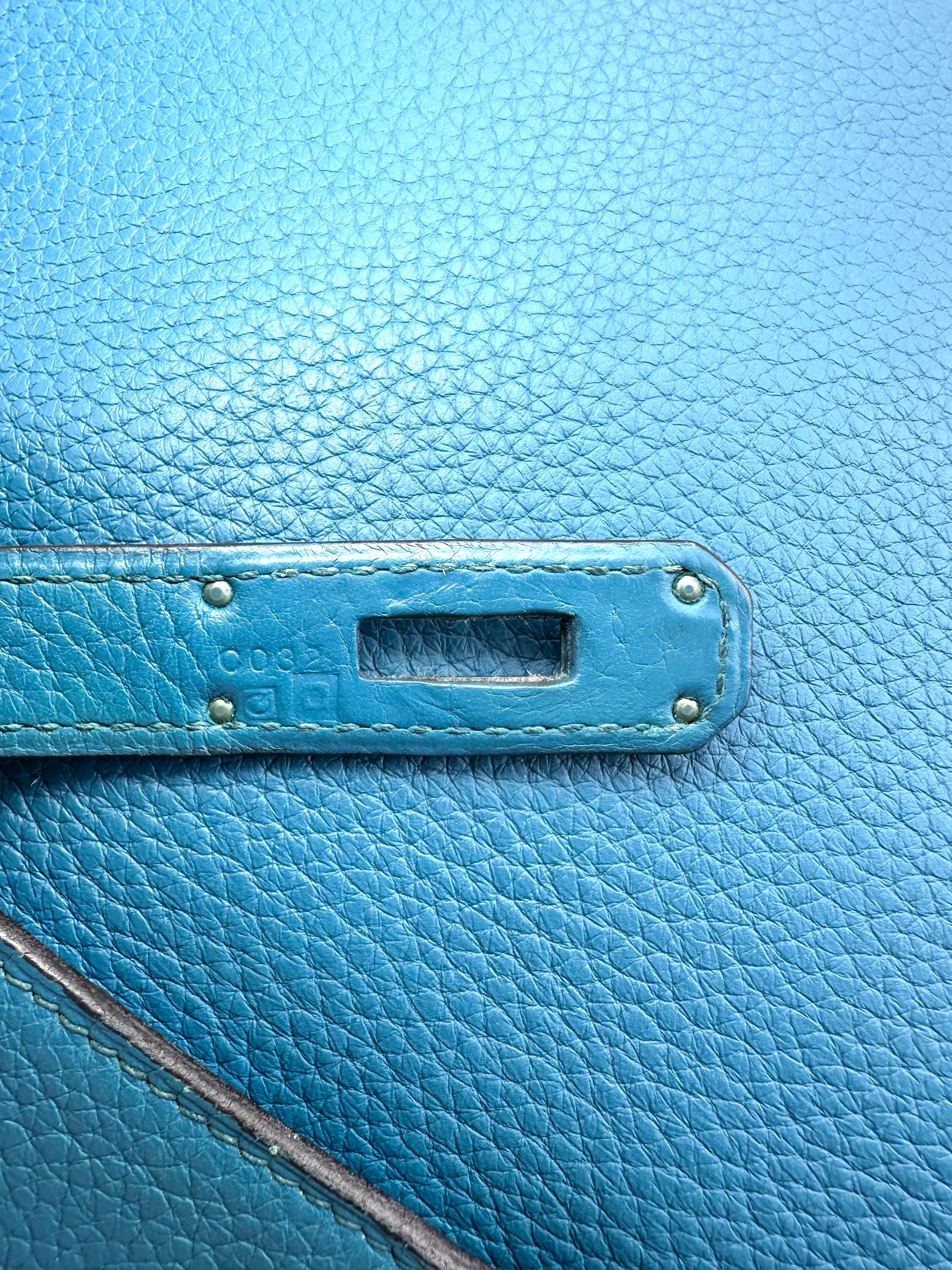 Hermes Kelly35 Blue Leather Top Handle Bag With Silver Hardware HR122