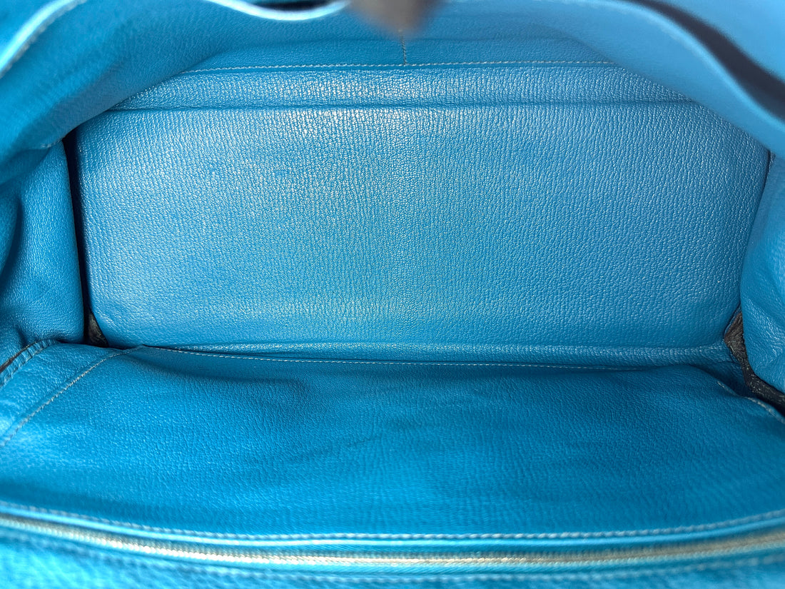 Hermes Kelly35 Blue Leather Top Handle Bag With Silver Hardware HR122