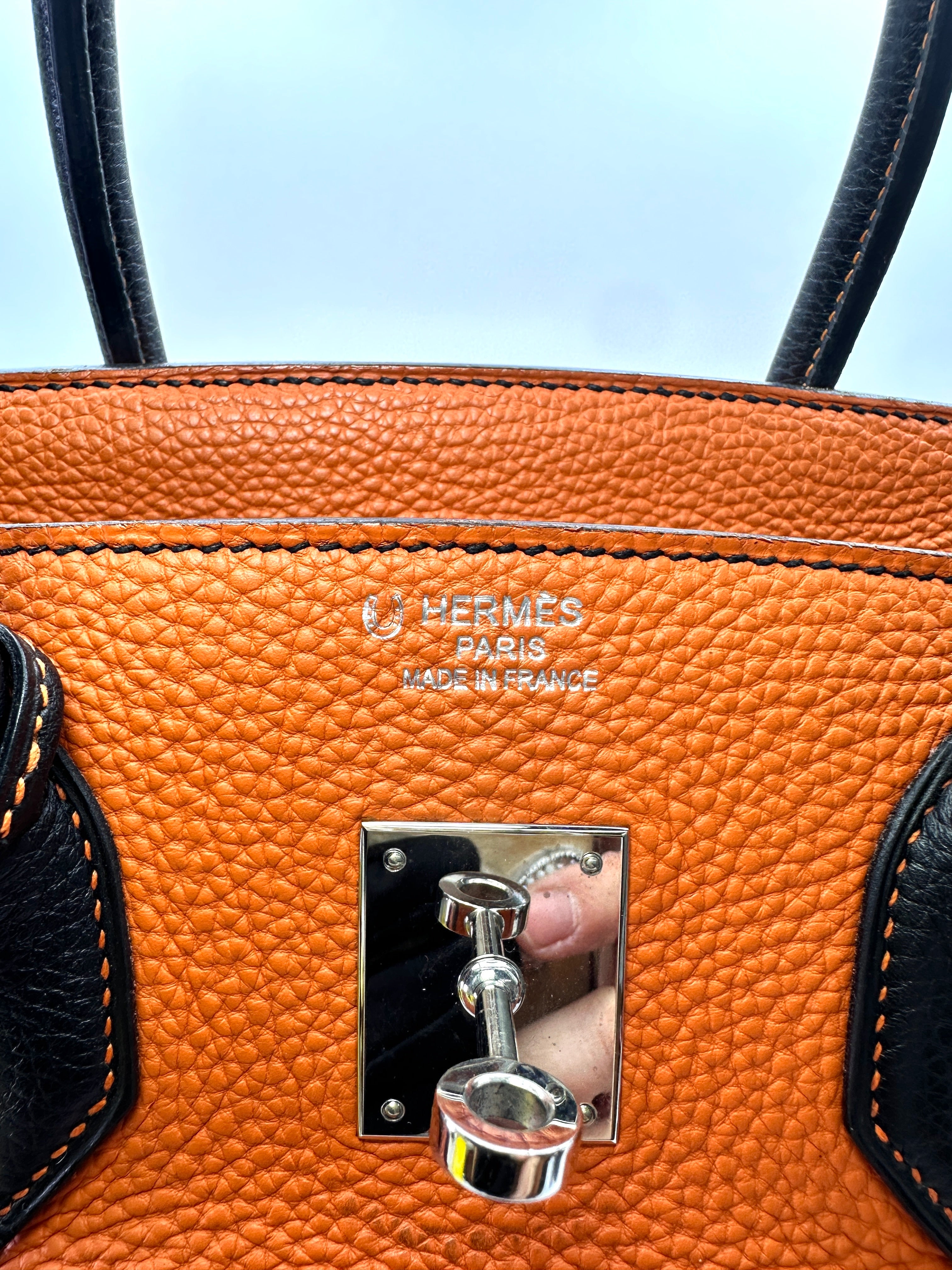 Hermes Birkin35 Orange/Black Leather Top Handle Bag HR123