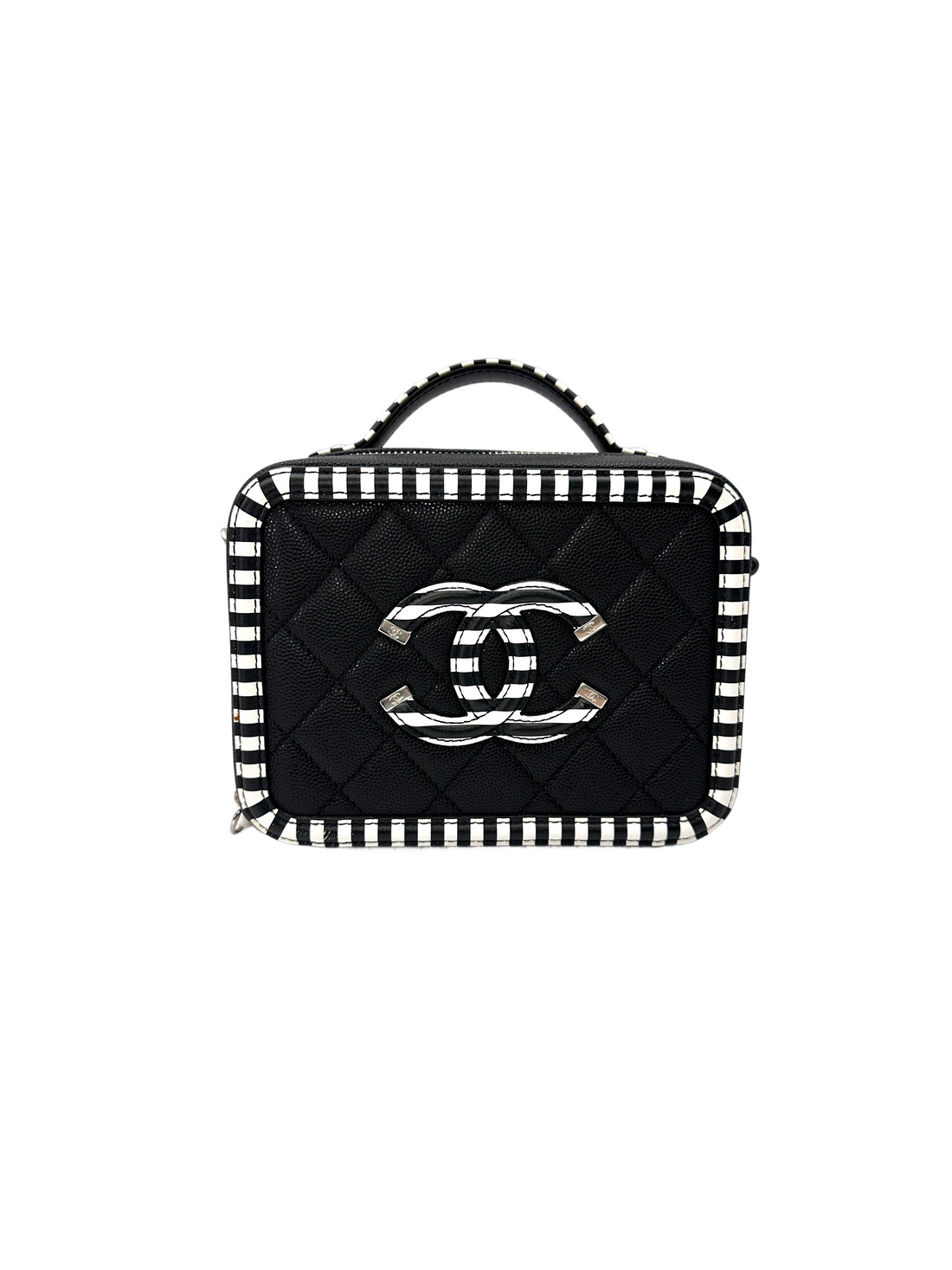 Chanel CC Filigree Black/White Quilted Leather Top Handle Vanity Case(27***78) CC2131