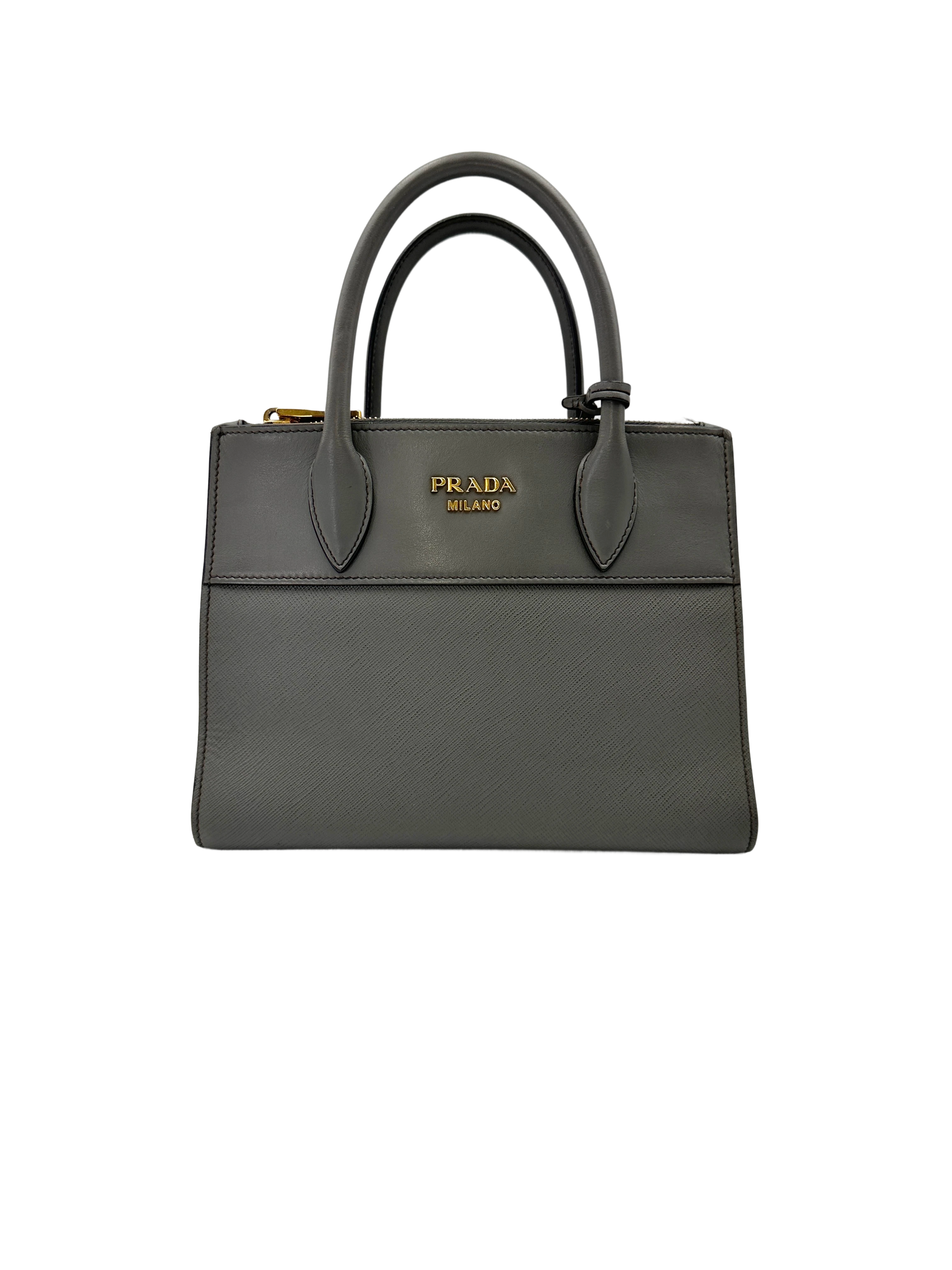 Prada Paradigme Grey Saffiano Leather Small Size Tote Handle Bag PR459