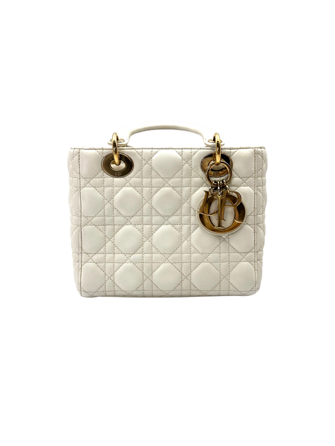 Christian Dior Lady Dior White Cannage Leather Handle Bag With Gold Charms DR789