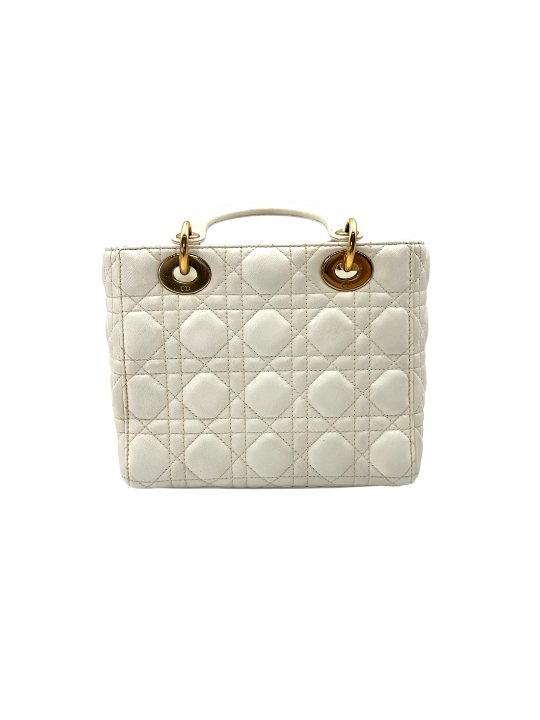 Christian Dior Lady Dior White Cannage Leather Handle Bag With Gold Charms DR789