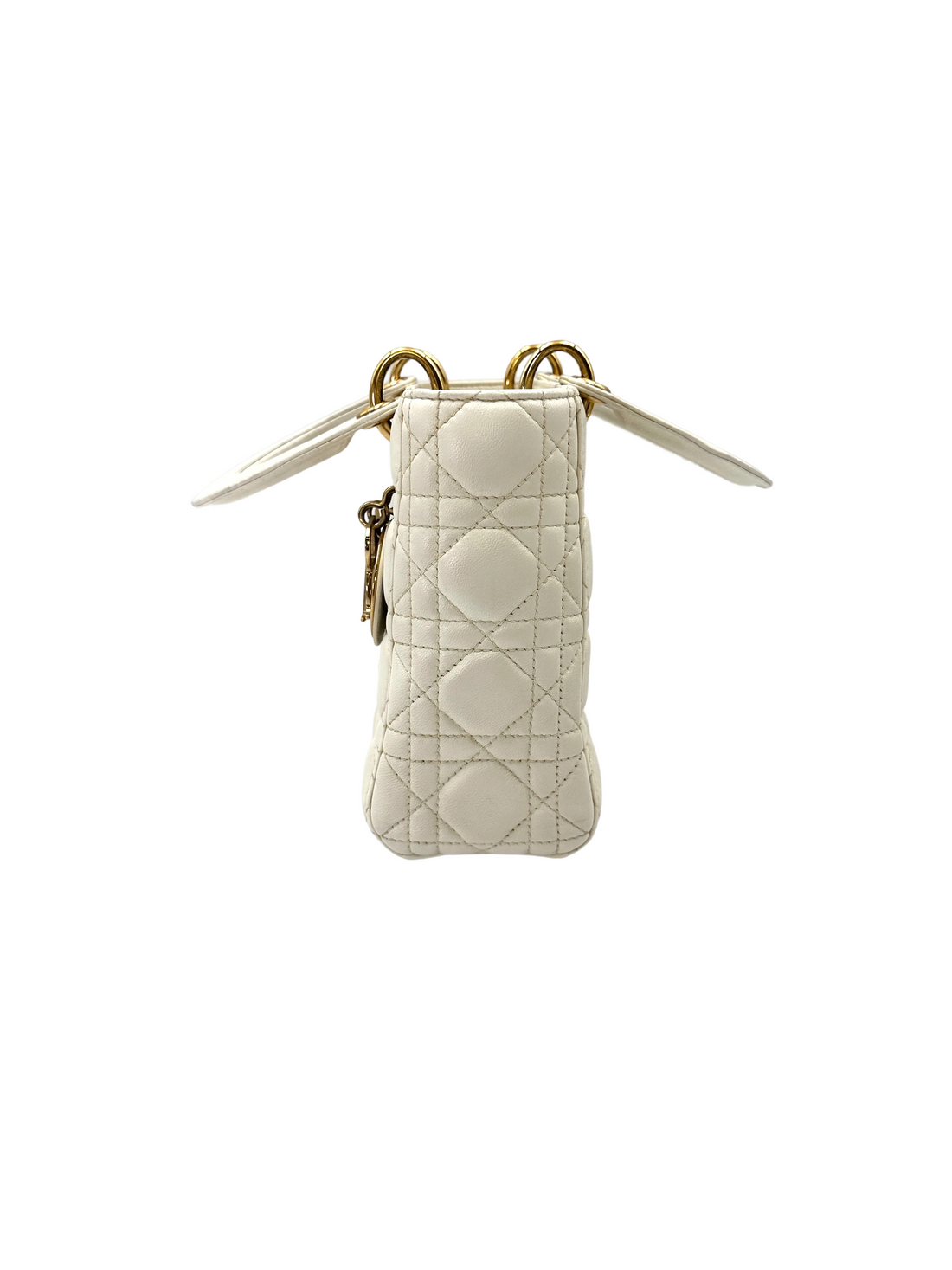 Christian Dior Lady Dior White Cannage Leather Handle Bag With Gold Charms DR789