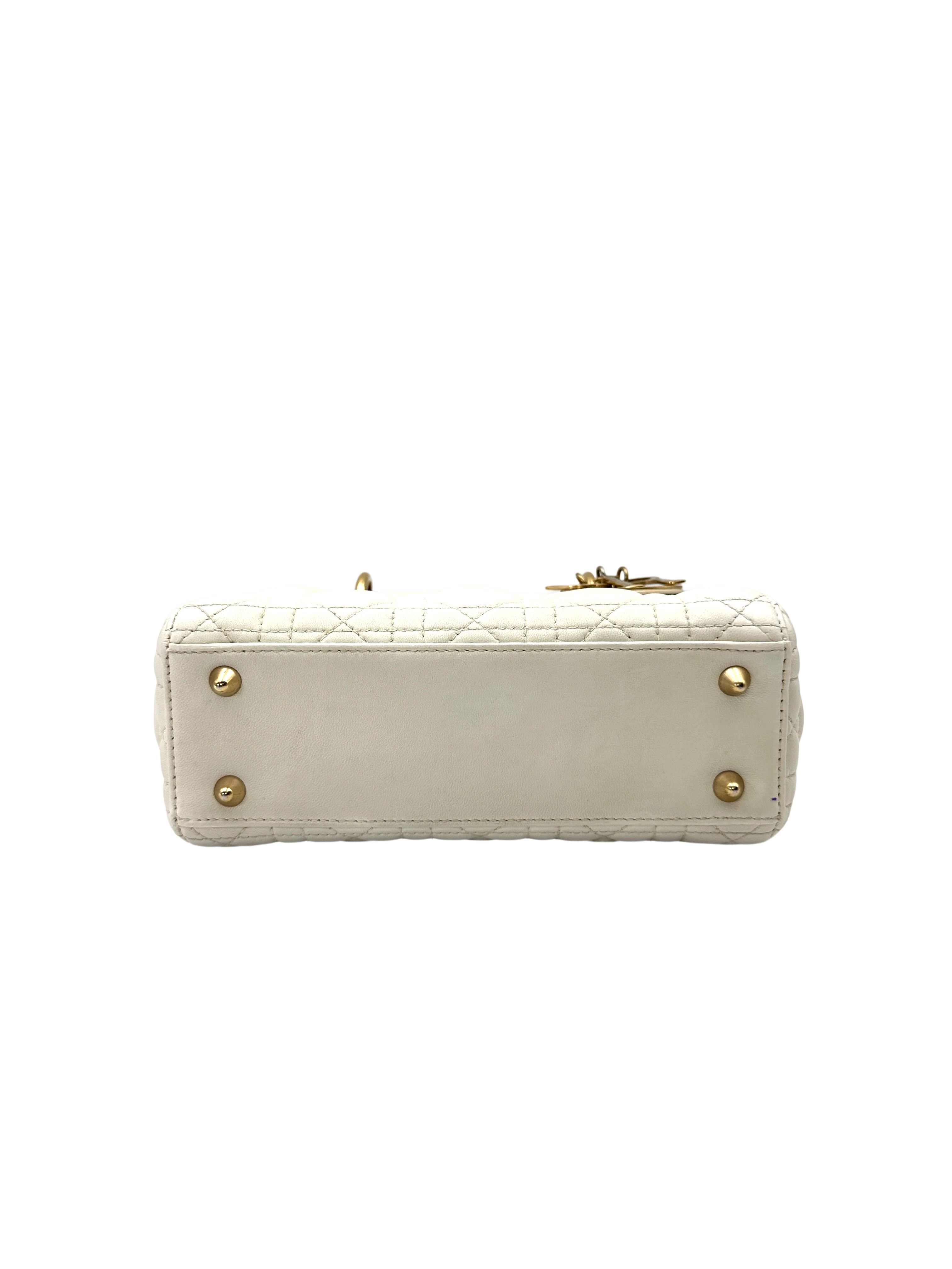 Christian Dior Lady Dior White Cannage Leather Handle Bag With Gold Charms DR789