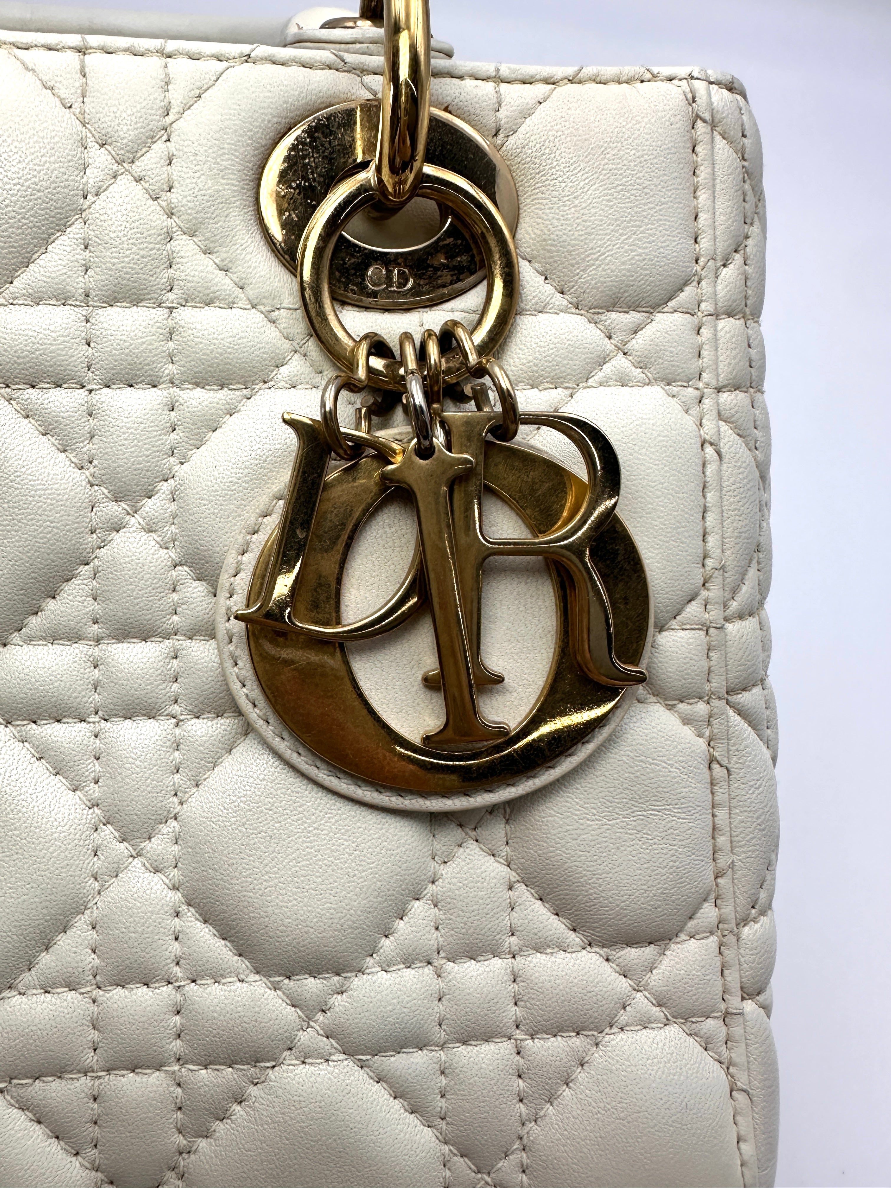 Christian Dior Lady Dior White Cannage Leather Handle Bag With Gold Charms DR789