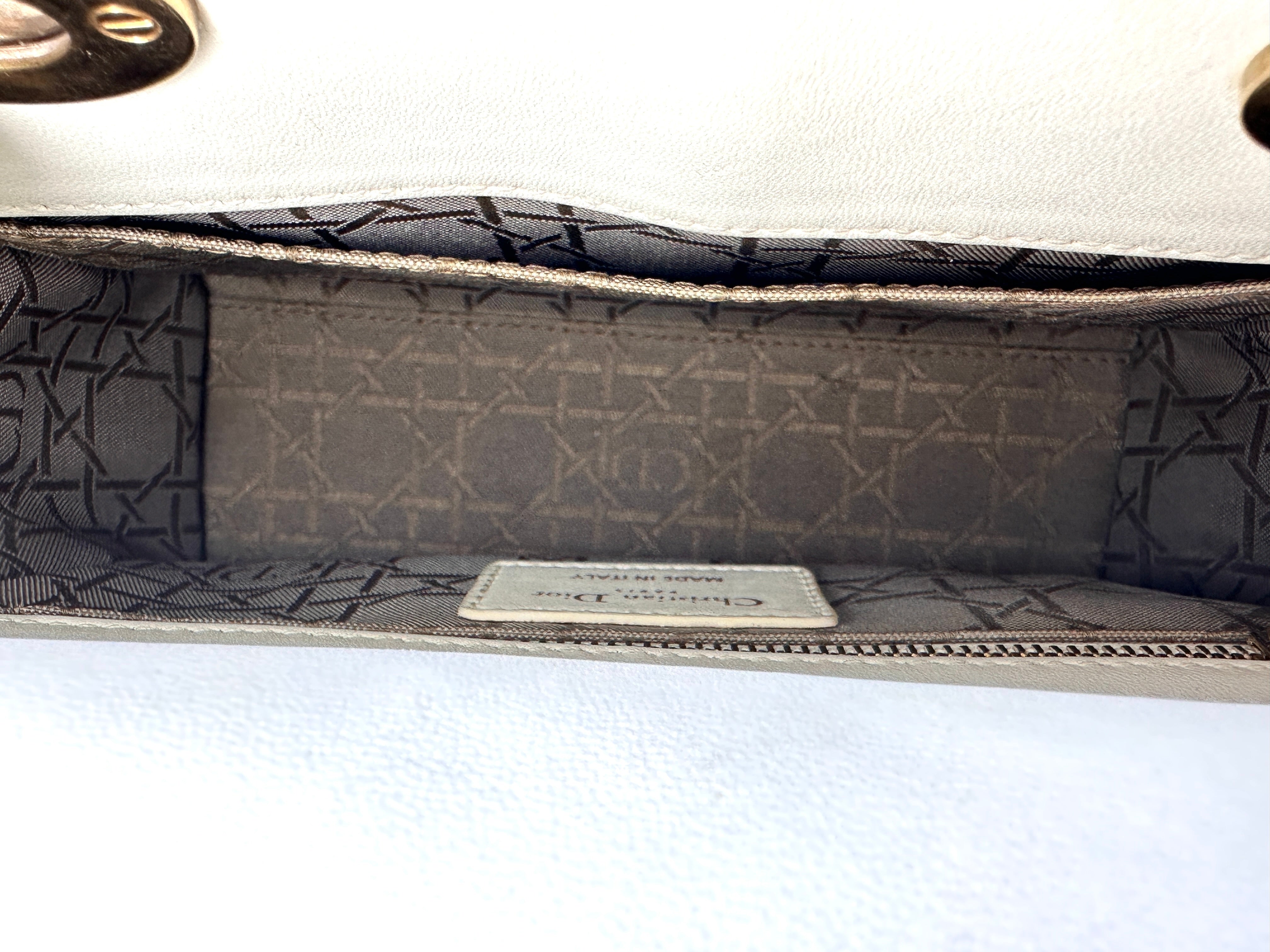 Christian Dior Lady Dior White Cannage Leather Handle Bag With Gold Charms DR789