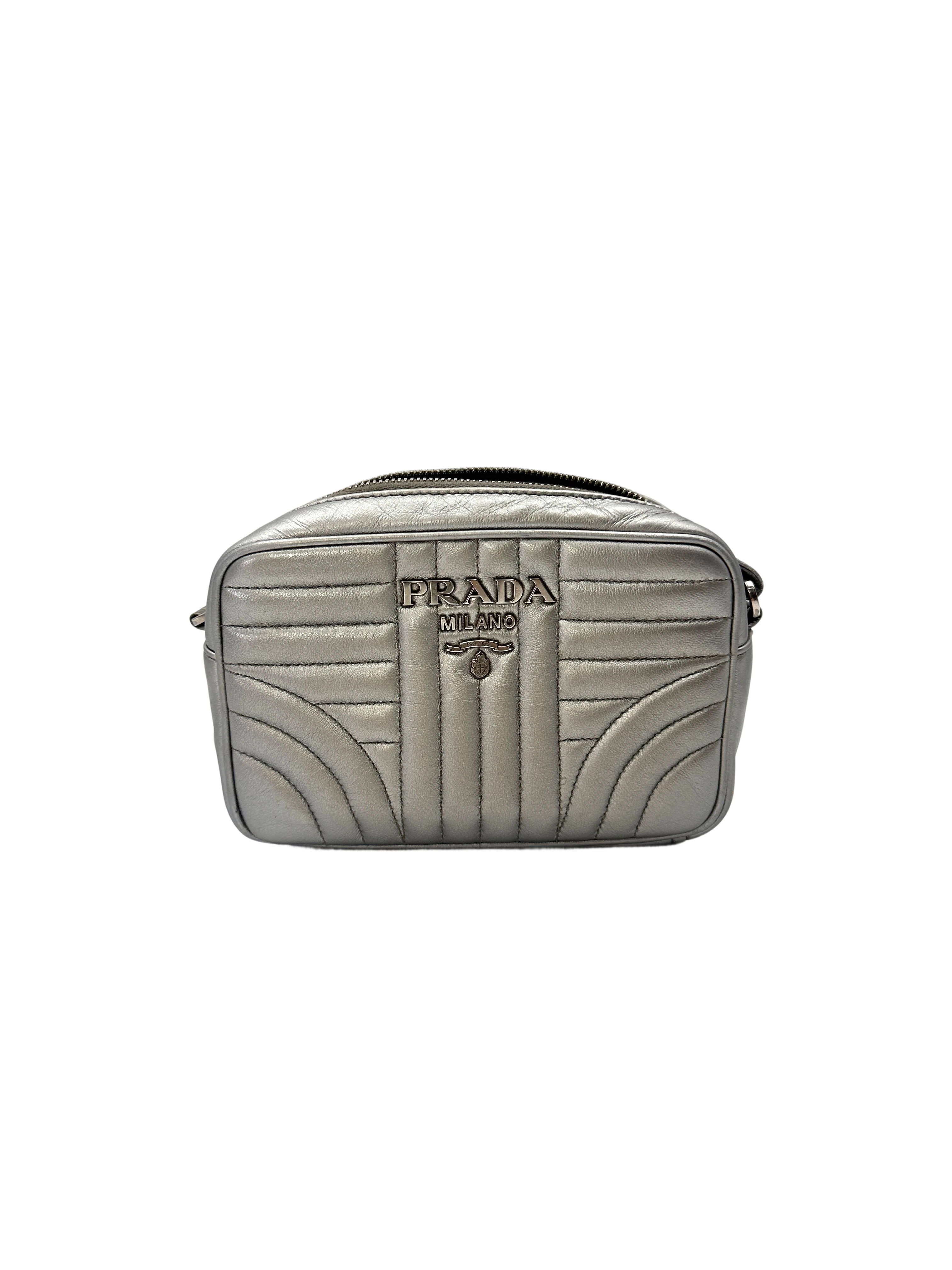 Prada Diagramme Silver Quilted Leather Camera Bag PR462