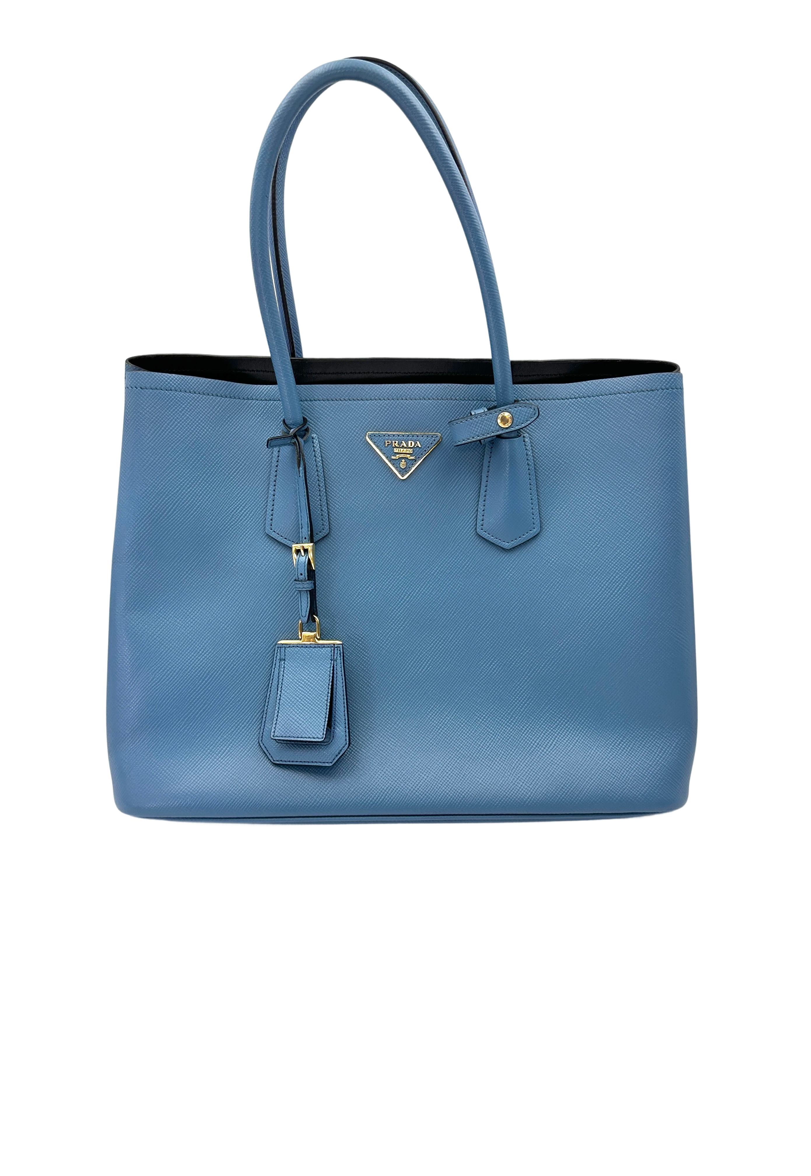 Prada Double Blue Saffiano Cuir Leather Medium Size Handle Bag PR464